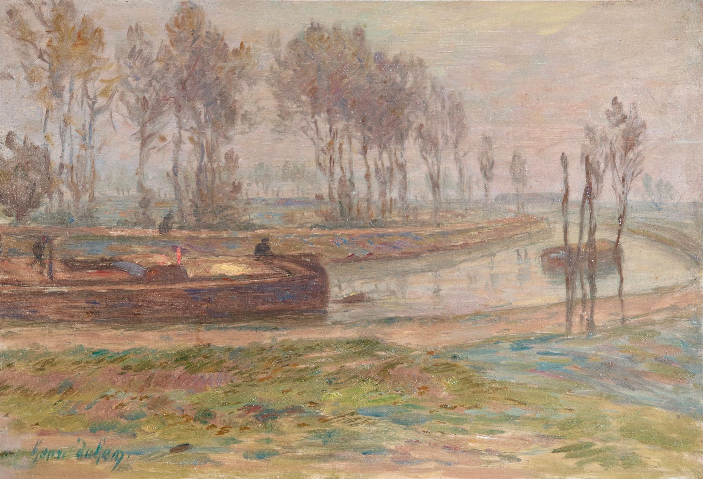 Figurative Painting Henri Duhem - Le Canal - Automne - Huile impressionniste, bateau sur le paysage du canal par H Duhem
