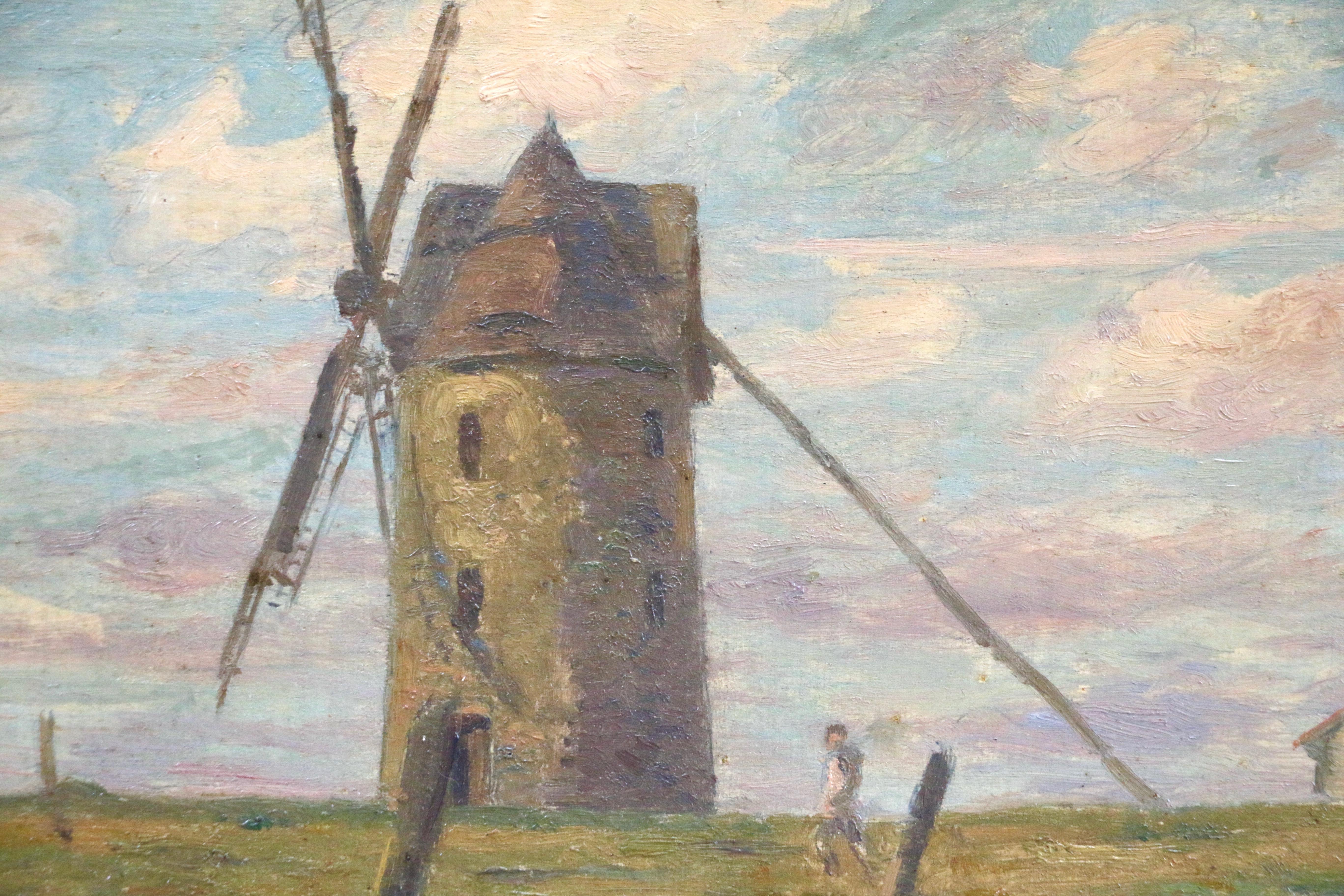 Le Moulin - 19th Century Oil, Figure by Windmill in French Landscape by H Duhem - Painting by Henri Duhem