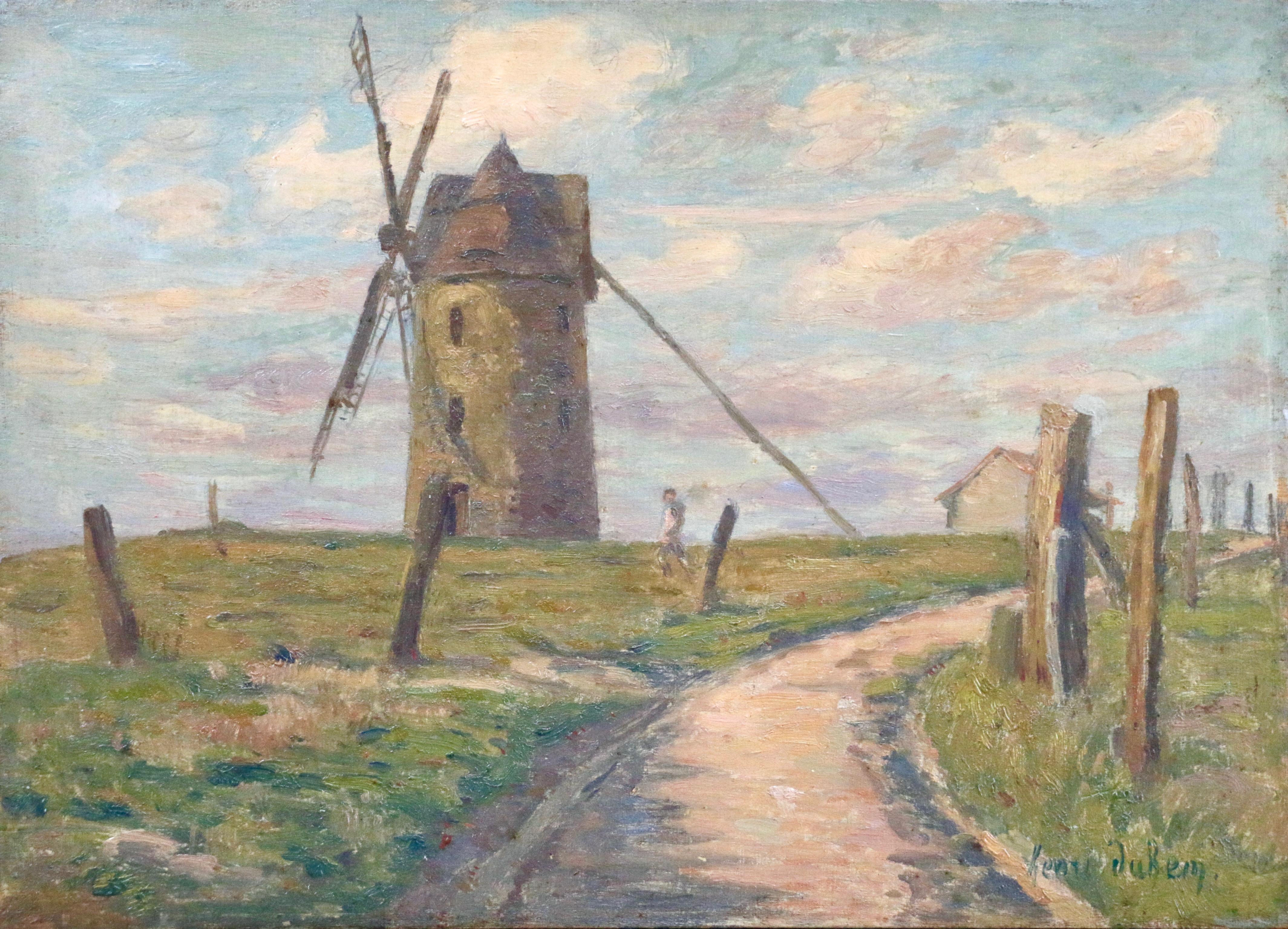 Henri Duhem Figurative Painting - Le Moulin - 19th Century Oil, Figure by Windmill in French Landscape by H Duhem