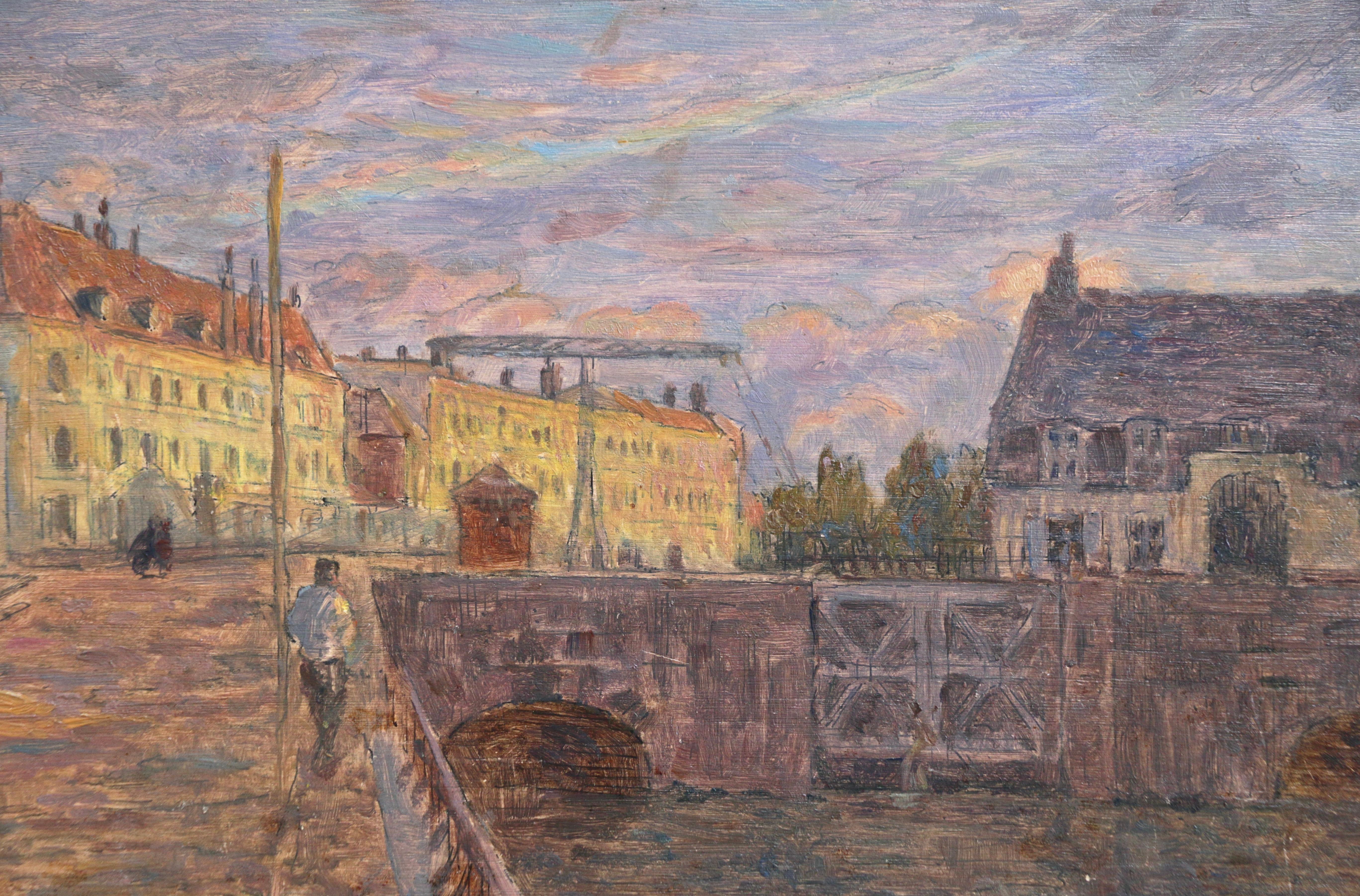 Le Pont sur la Scarpe a Douai- 19th Century Oil, Figure by River Landscape Duhem - Painting by Henri Duhem