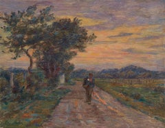 Le Voyage du Retour - 19th Century Oil, Figure in Evening Landscape by H Duhem