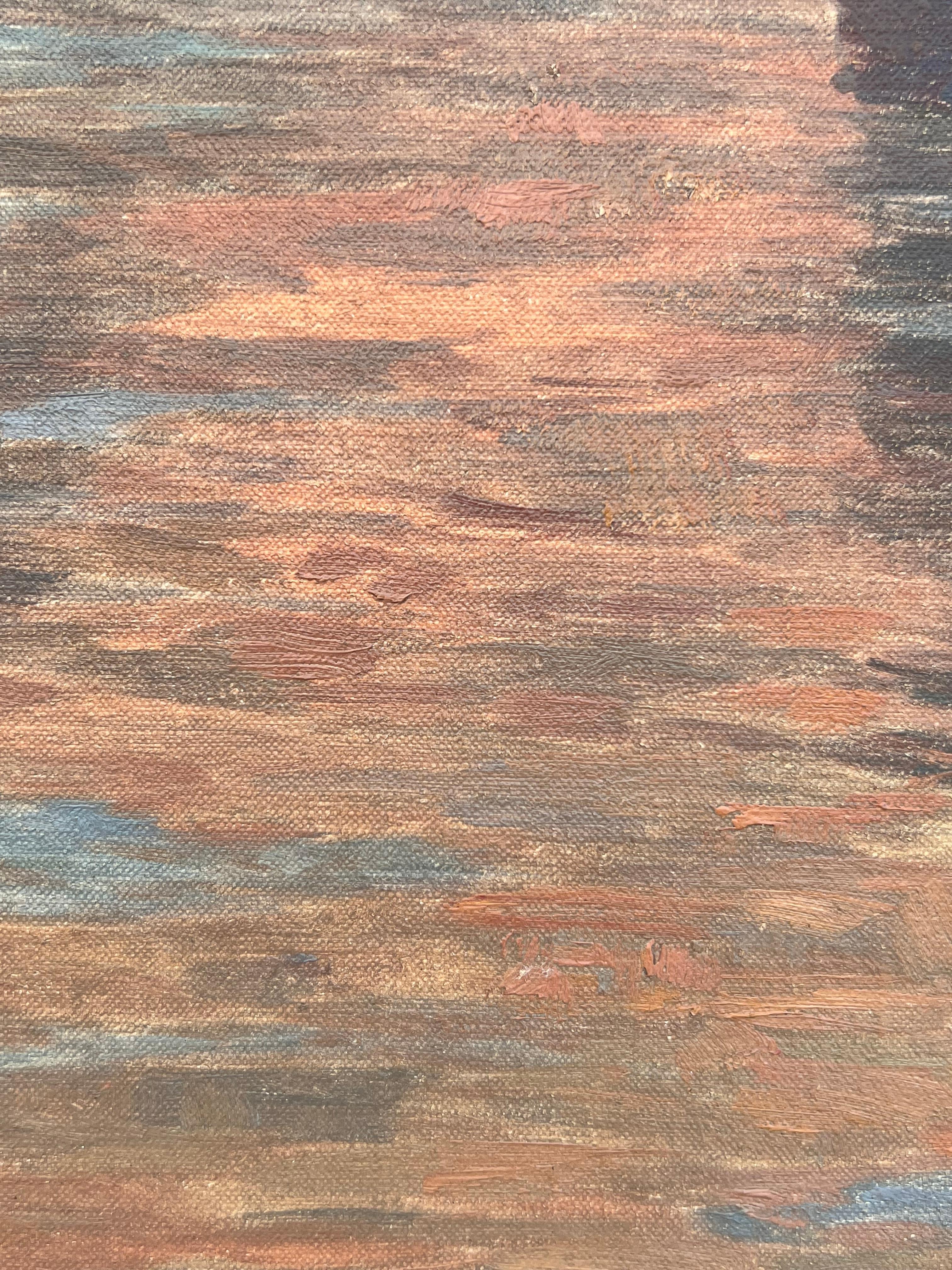 L'Écluse de Douai au crépuscule - Painting Posimpresionista de Henri Duhem