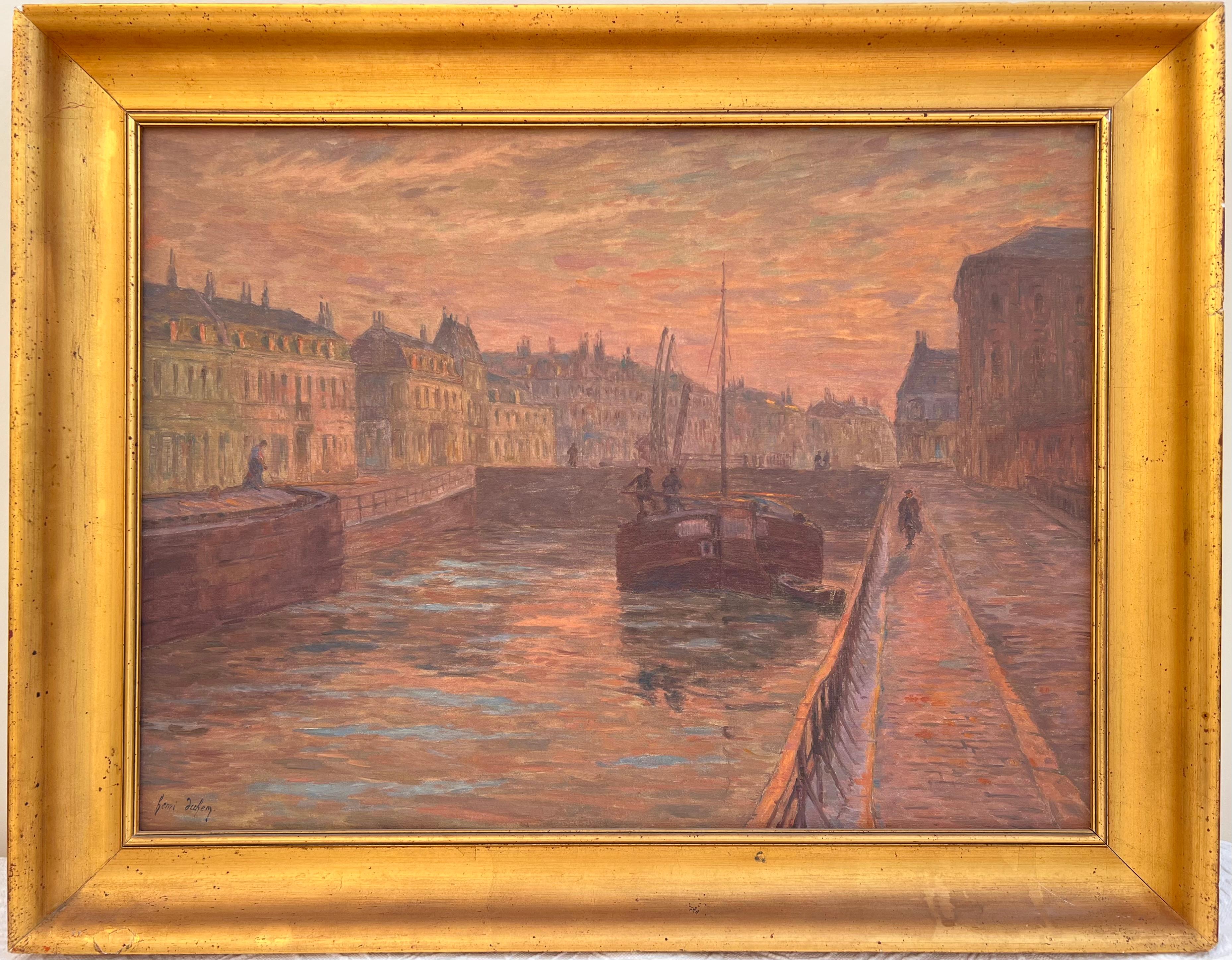 Landscape Painting de Henri Duhem - L'Écluse de Douai au crépuscule