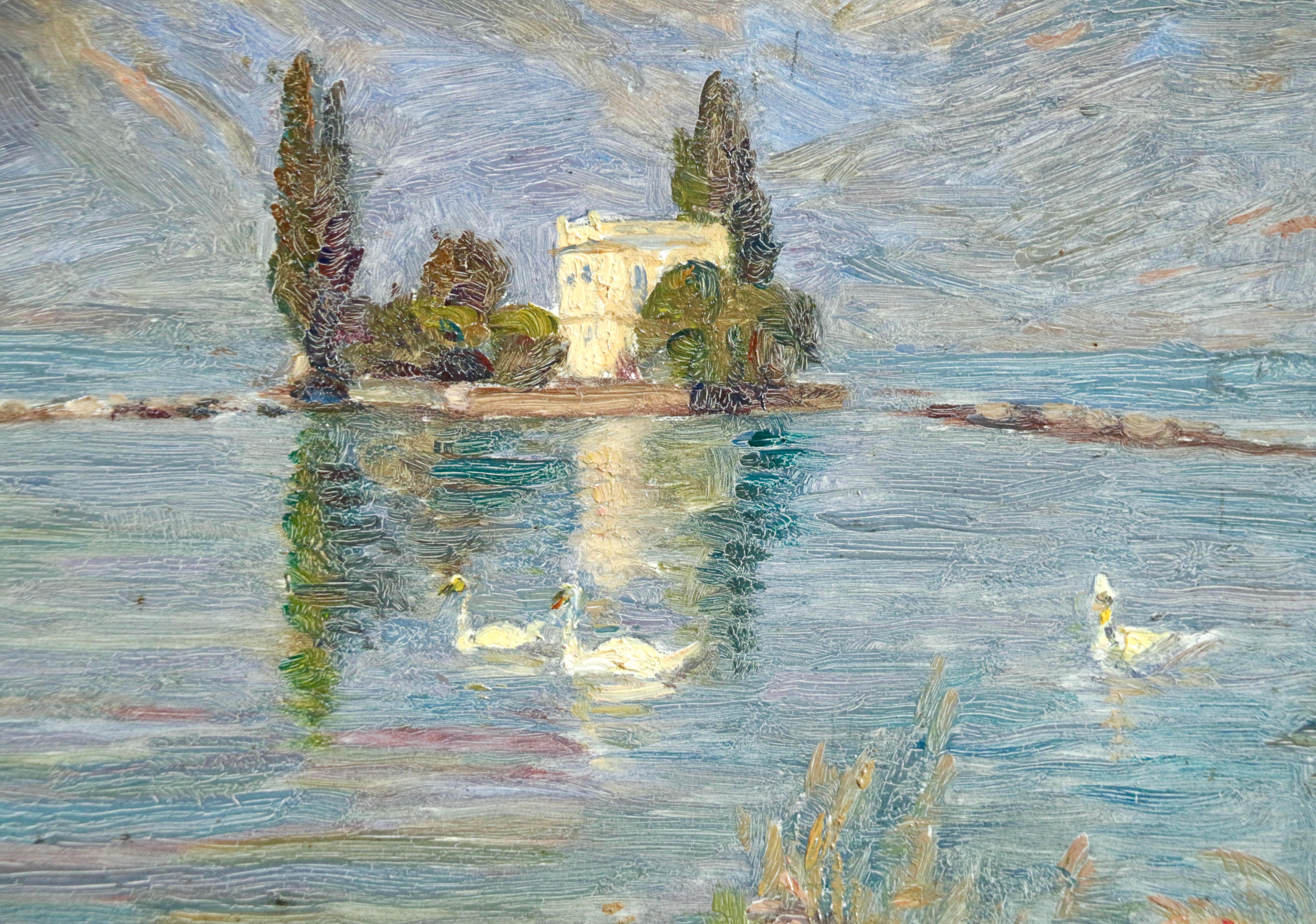 Signed and dated 1911 impressionist oil on panel by French painter Henri Duhem. This beautiful work depicts a view of Lake Montreux in Switzerland with white swans contrasting against the still blue water and a view of the mountains