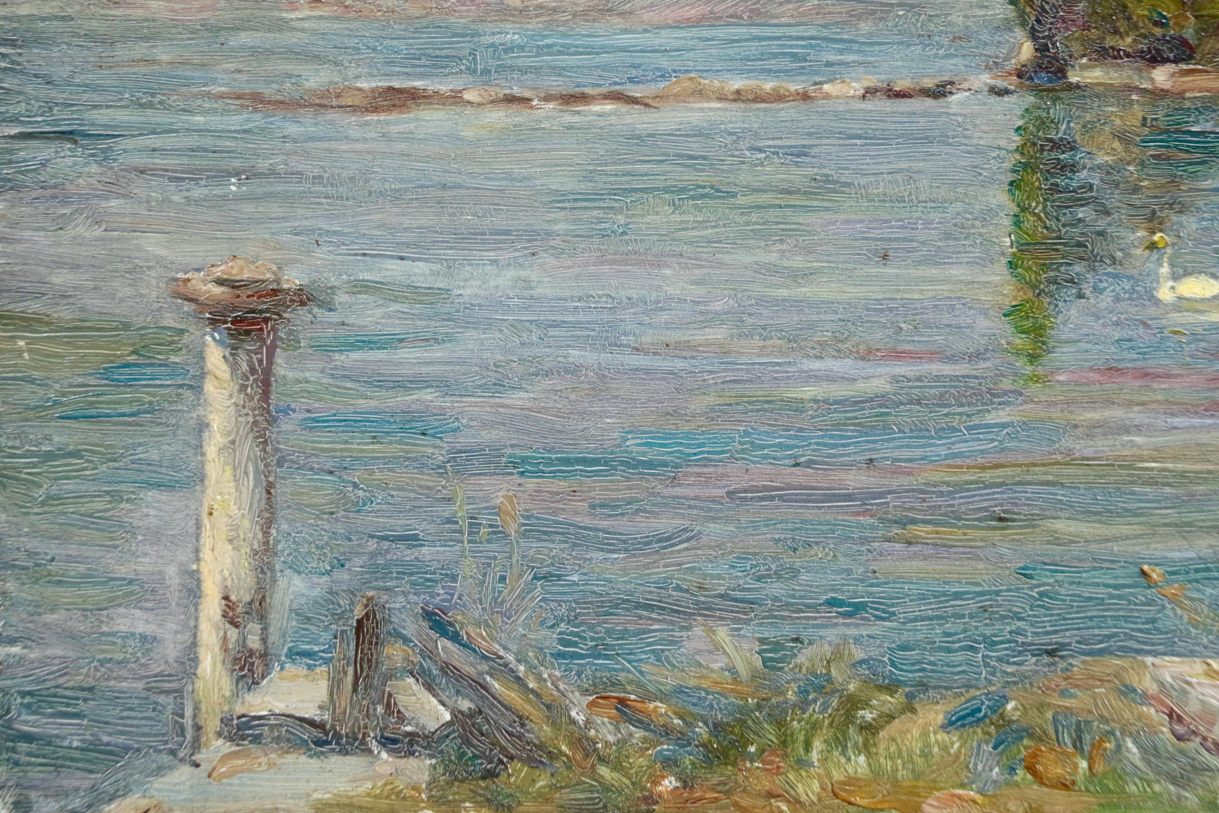 Les Cygnes - Impressionist Oil, Swans on Lake Landscape by Henri Duhem 1