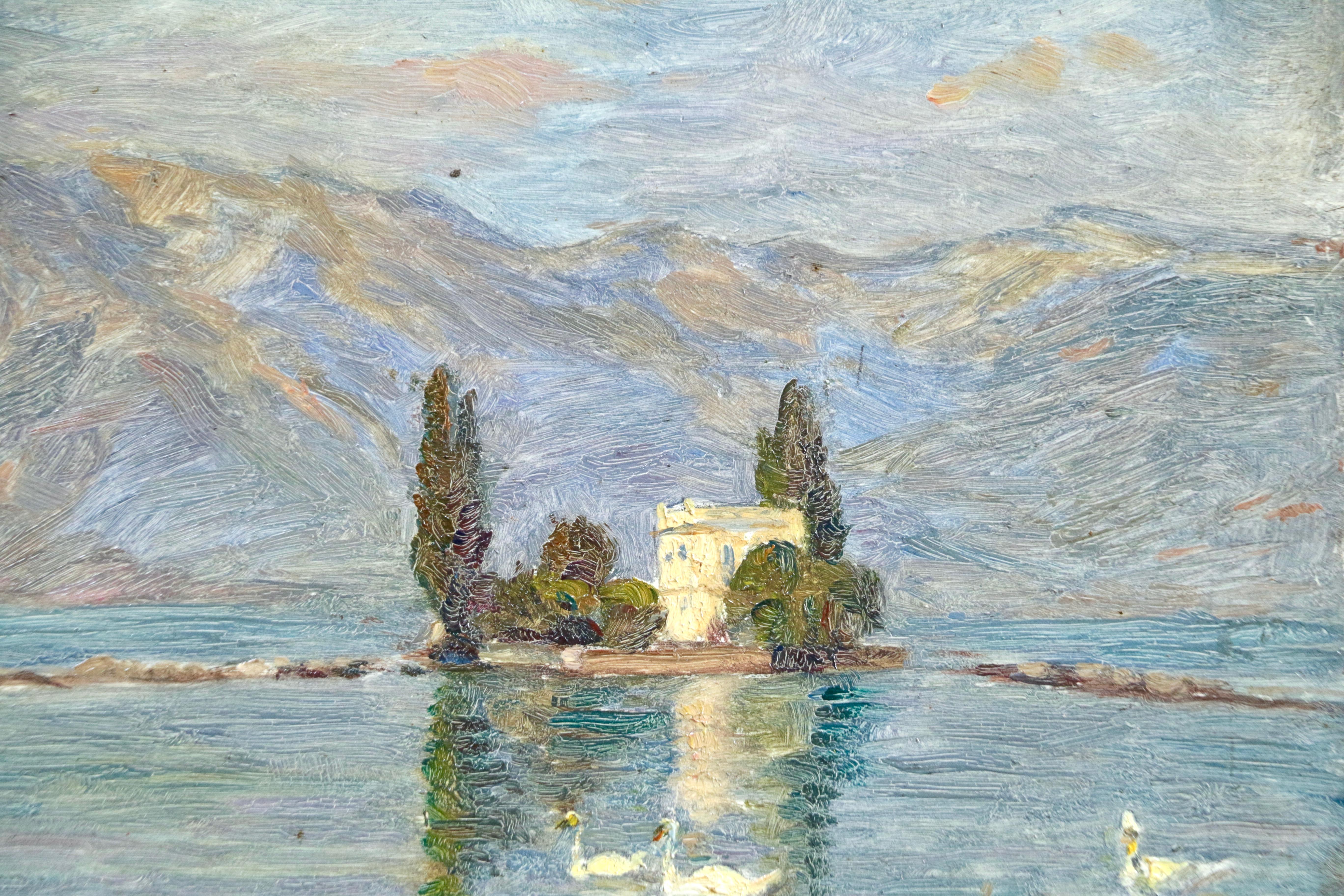 Les Cygnes - Impressionist Oil, Swans on Lake Landscape by Henri Duhem 3