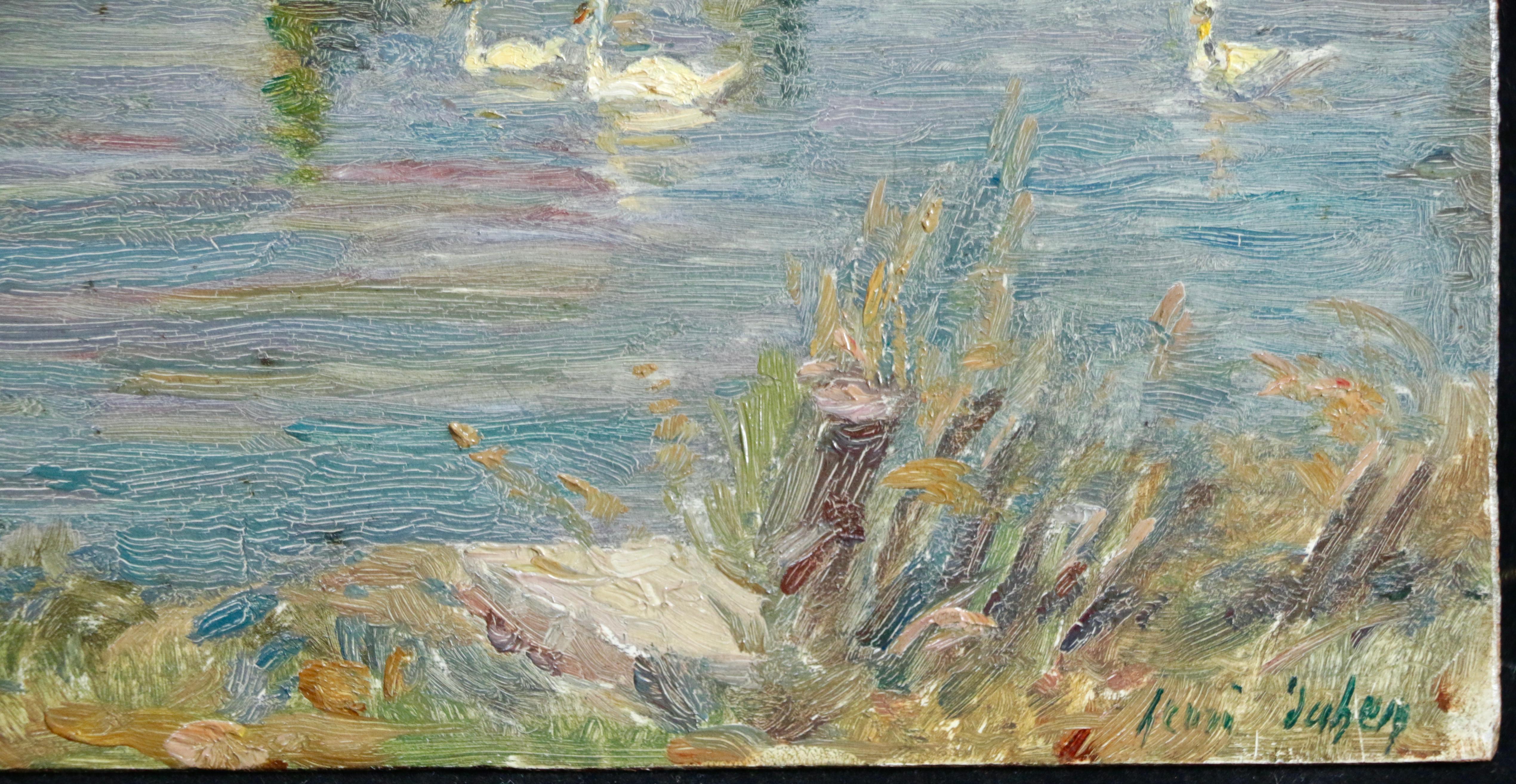 Les Cygnes - Impressionist Oil, Swans on Lake Landscape by Henri Duhem 4