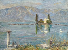 Les Cygnes - Lac Montreux - 19th Century, Swans in Lake Mountain Landscape Duhem