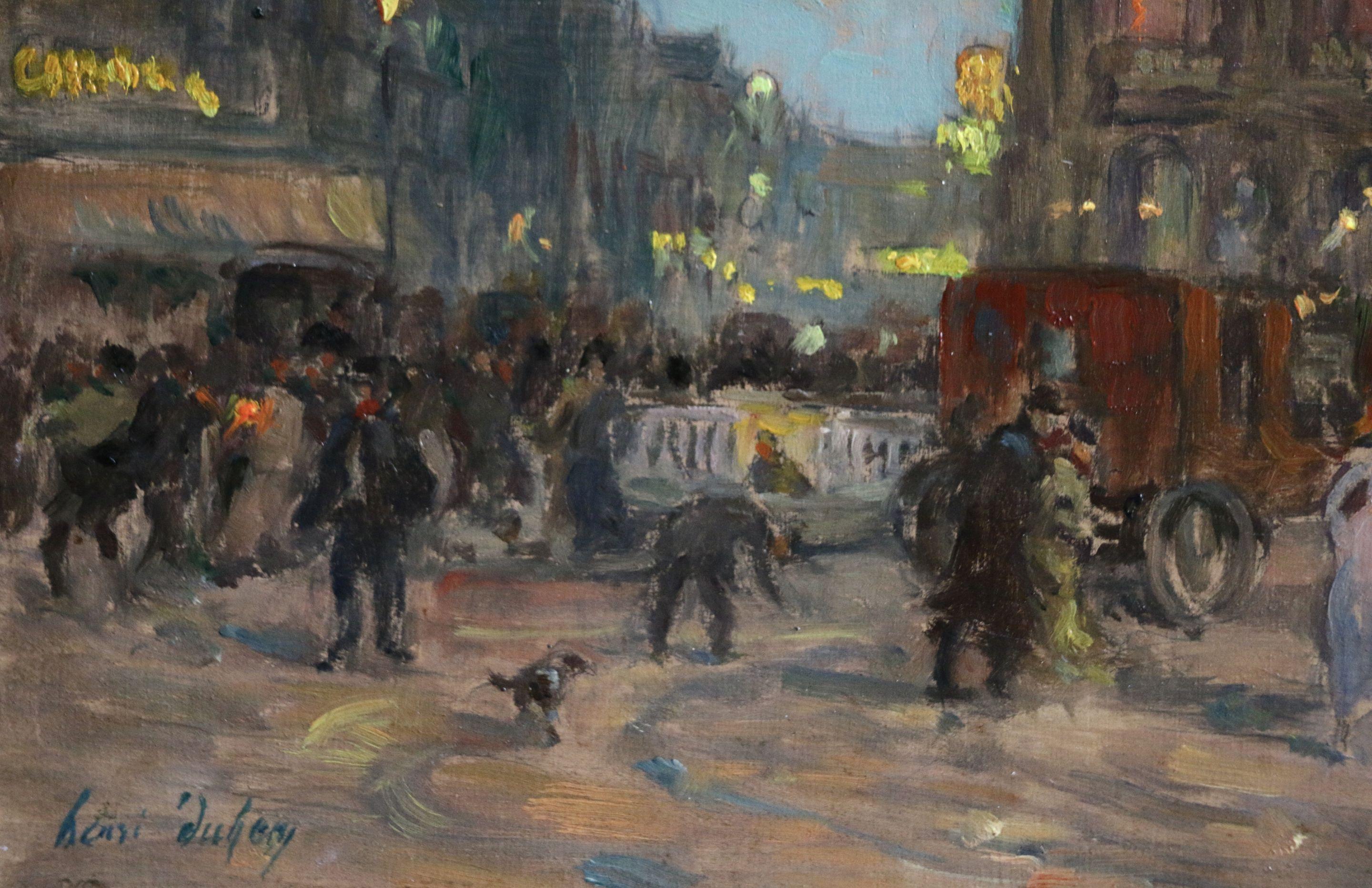 L'Opera - Paris - Impressionist Oil, Figures in Cityscape at Night by H Duhem  - Painting by Henri Duhem
