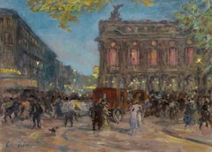 Antique L'Opera - Paris - Impressionist Oil, Figures in Cityscape at Night by H Duhem 