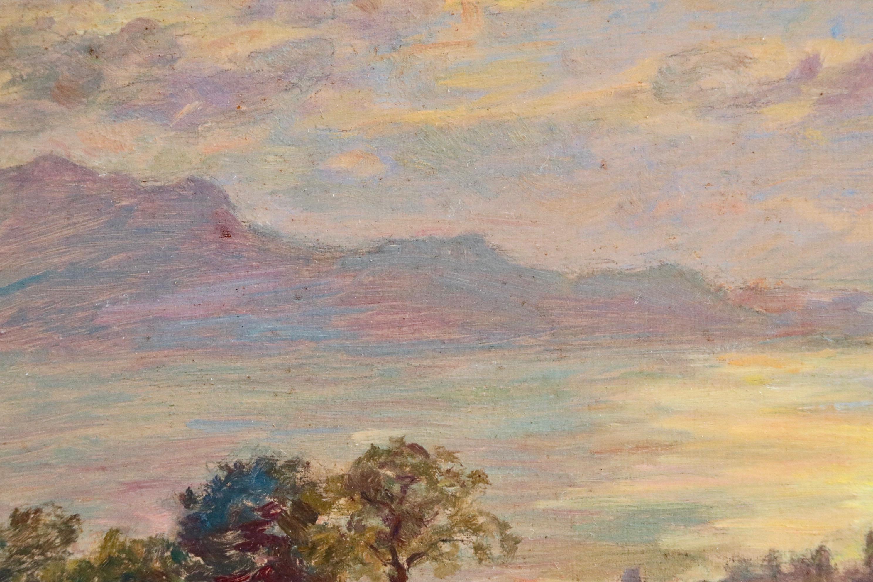 Mont Riant sur Vevey - 19th Century Oil, Figure by Lake in Landscape by H Duhem - Impressionist Painting by Henri Duhem