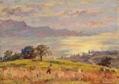 Mont Riant sur Vevey - 19th Century Oil, Figure by Lake in Landscape by H Duhem