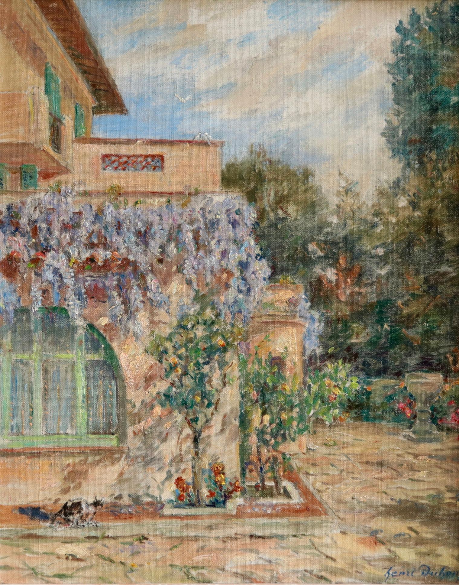 Les Glycines de Montriant - Huile impressionniste, paysage de jardin d'Henri Duhem