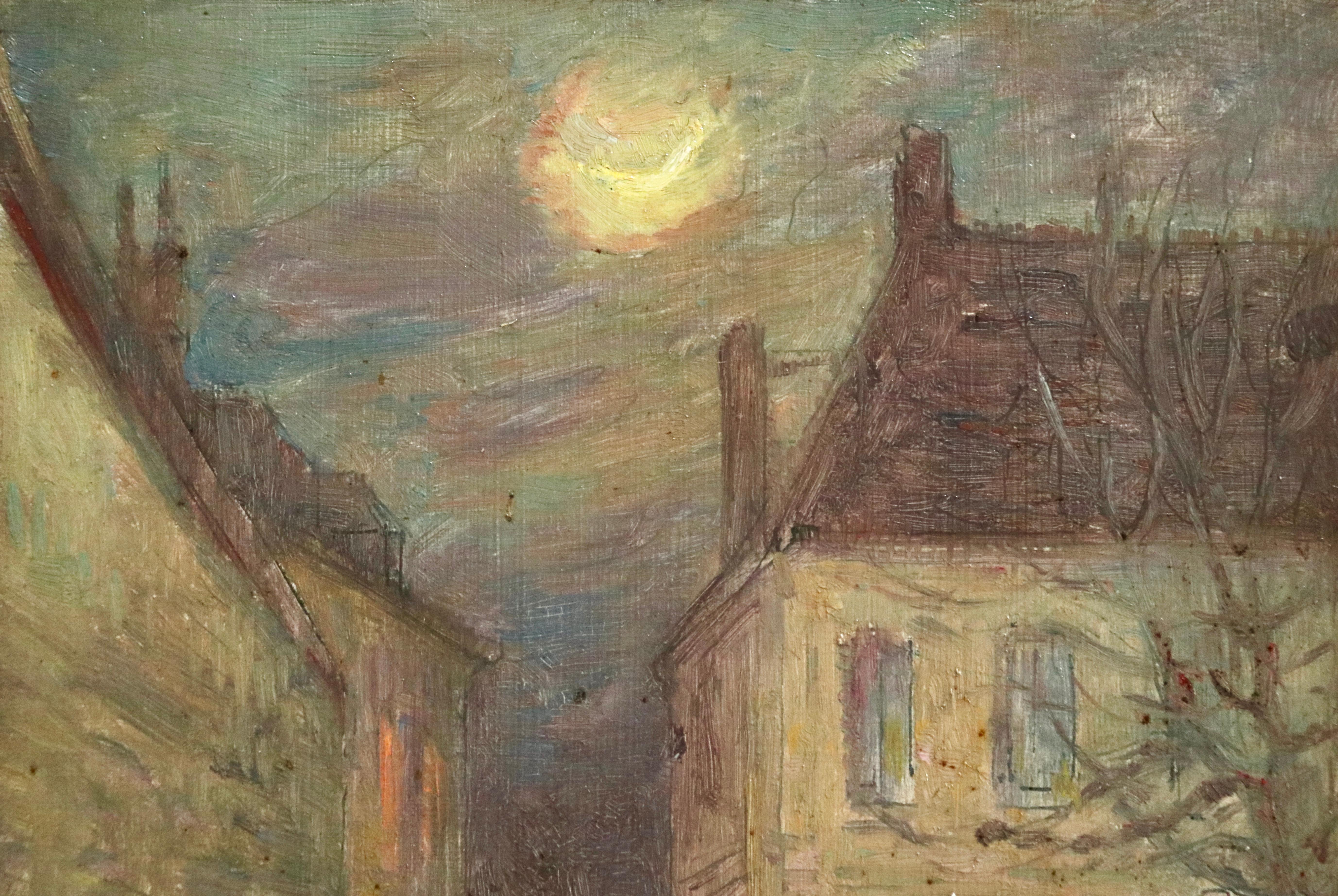 Moonlight in the Village -19th Century Oil, Figure in Night Landscape by H Duhem - Painting by Henri Duhem