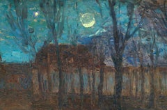 Moonlight in Village - 19th Century Oil, Trees in Night Landscape by Henri Duhem