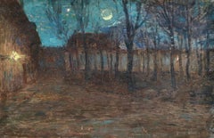 Moonlight in Village - 19th Century Oil, Trees in Night Landscape by Henri Duhem