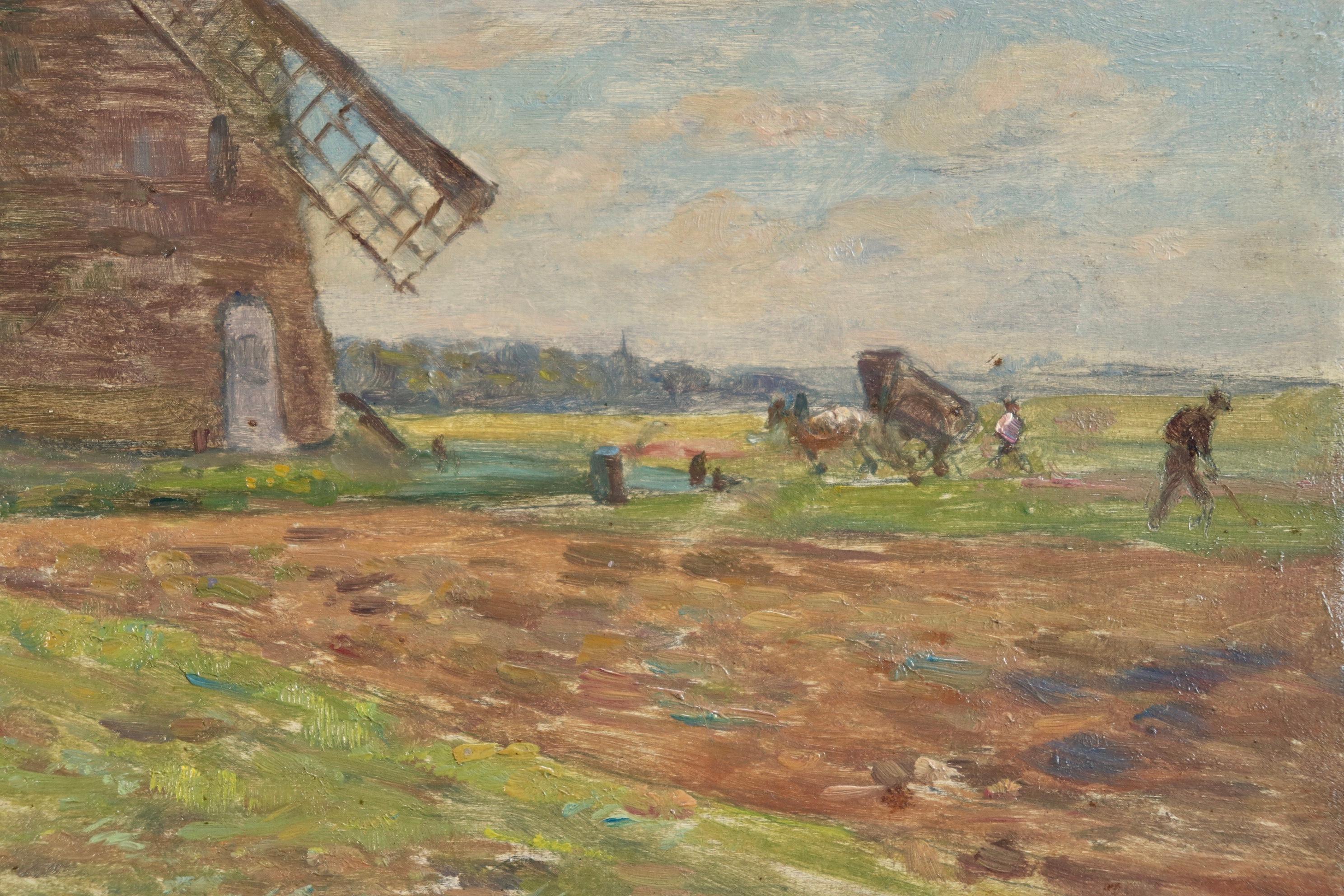 Oil on panel by French Impressionist painter Henri Duhem depicting a windmill in a landscape with workers and a horse and cart below and clouds rolling across the blue sky. Signed lower left and dated 1911 verso. This painting is not currently