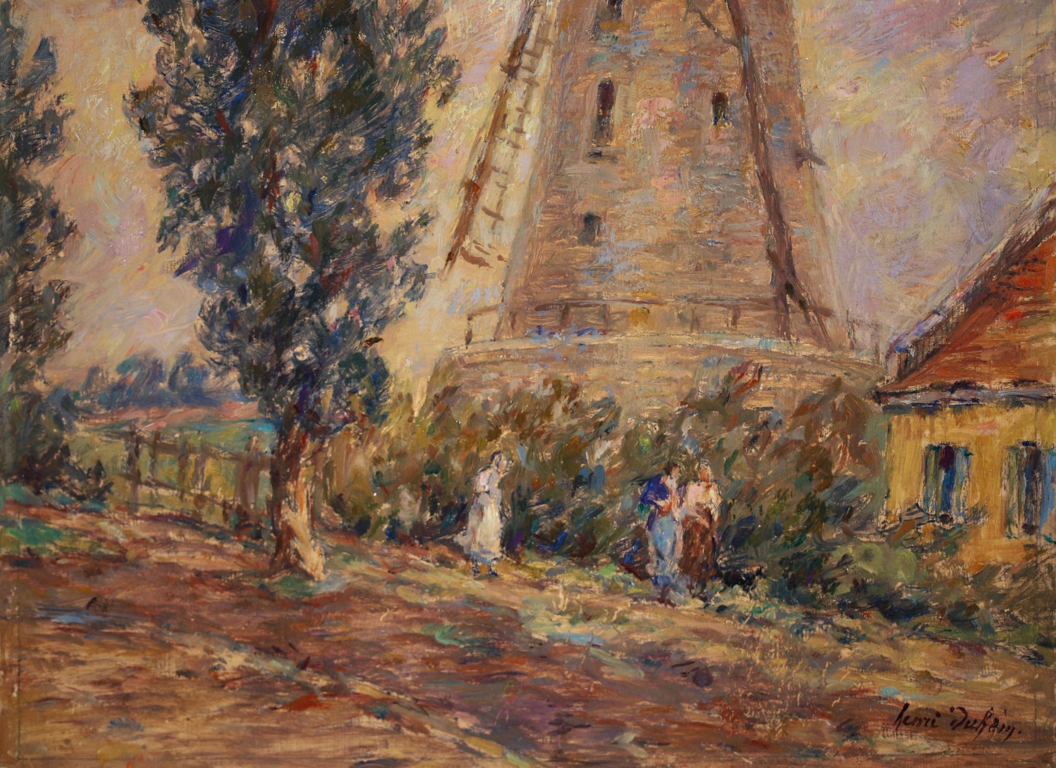 Moulin - Impressionist Oil, Windmill, Figures & Dog in Landscape by Henri Duhem 8