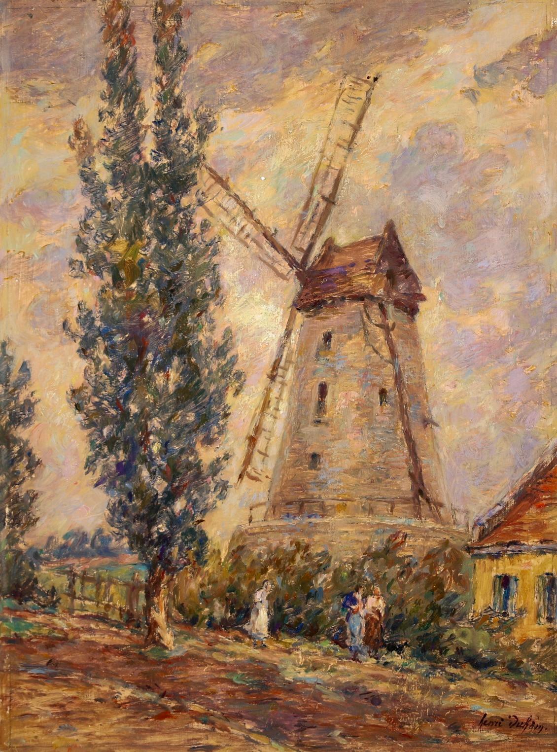 Oil on board circa 1910 by French Impressionist painter Henri Duhem. The painting depicts three women and a dog walking along a path beside a windmill. There is a tree to their right and clouds - which are particularly beautifully painted and