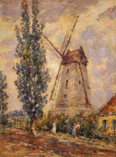 Moulin - Impressionist Oil, Windmill, Figures & Dog in Landscape by Henri Duhem