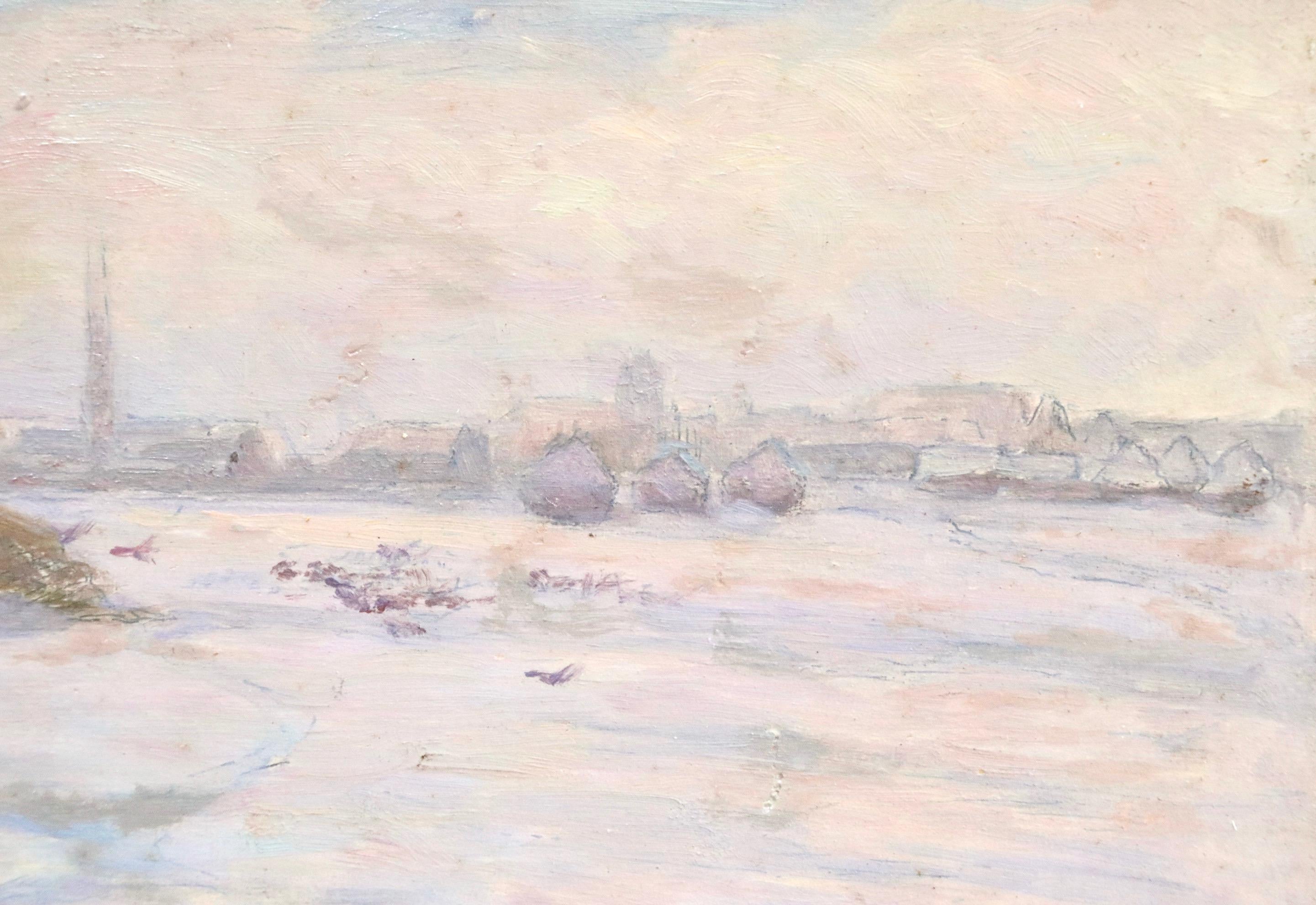 Neige – 19. Jahrhundert, Öl, Haystacks in Schneewittchen-Winterlandschaft von Henri Duhem im Angebot 3