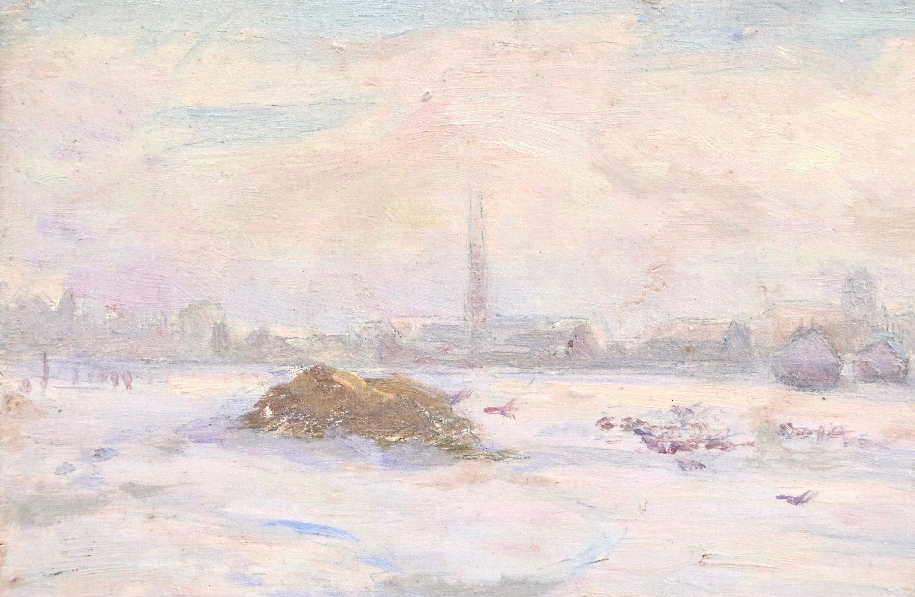 Neige – 19. Jahrhundert, Öl, Haystacks in Schneewittchen-Winterlandschaft von Henri Duhem im Angebot 4