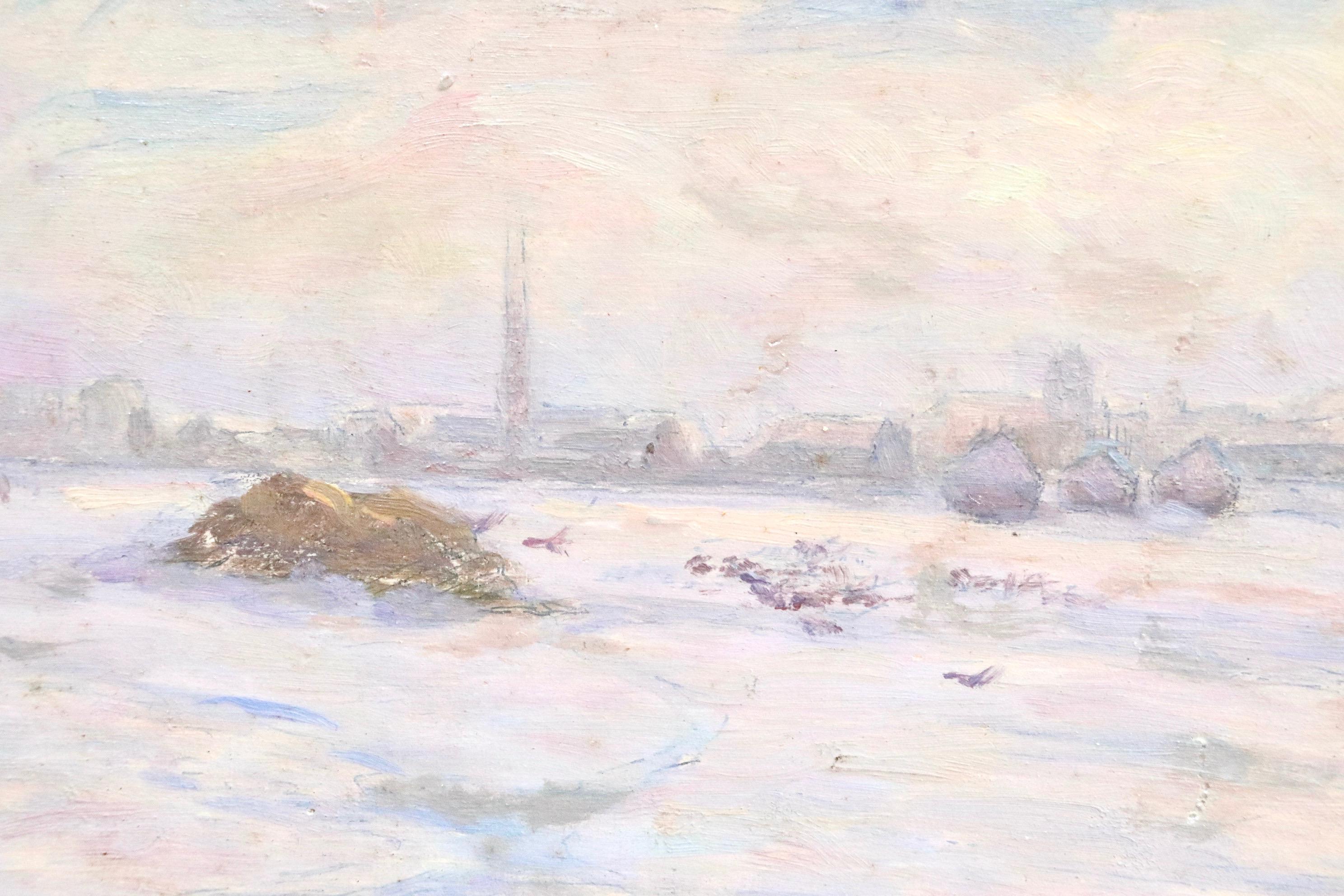 Neige – 19. Jahrhundert, Öl, Haystacks in Schneewittchen-Winterlandschaft von Henri Duhem im Angebot 6