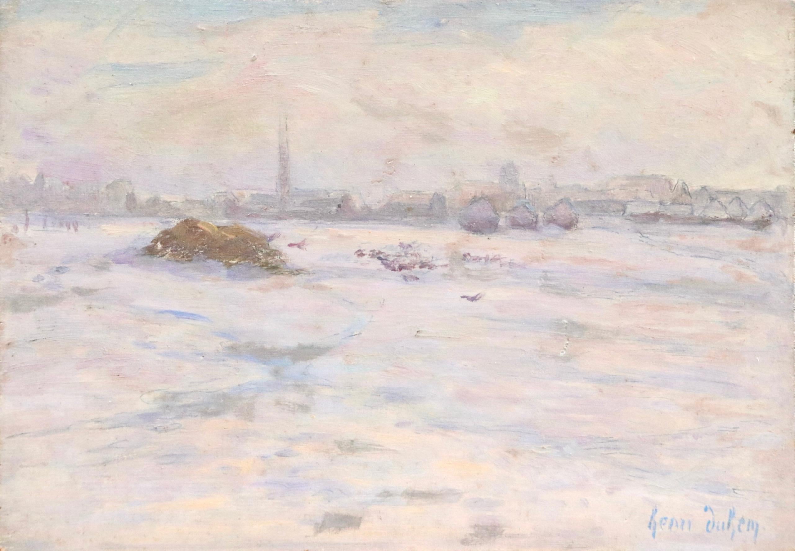 Öl auf Tafel von Henri Duhem mit der Darstellung einer verschneiten Landschaft mit Heuschobern in der Ferne und den Umrissen eines Dorfes dahinter. Signiert unten rechts. Dieses Gemälde ist derzeit nicht gerahmt, aber ein passender Rahmen kann bei