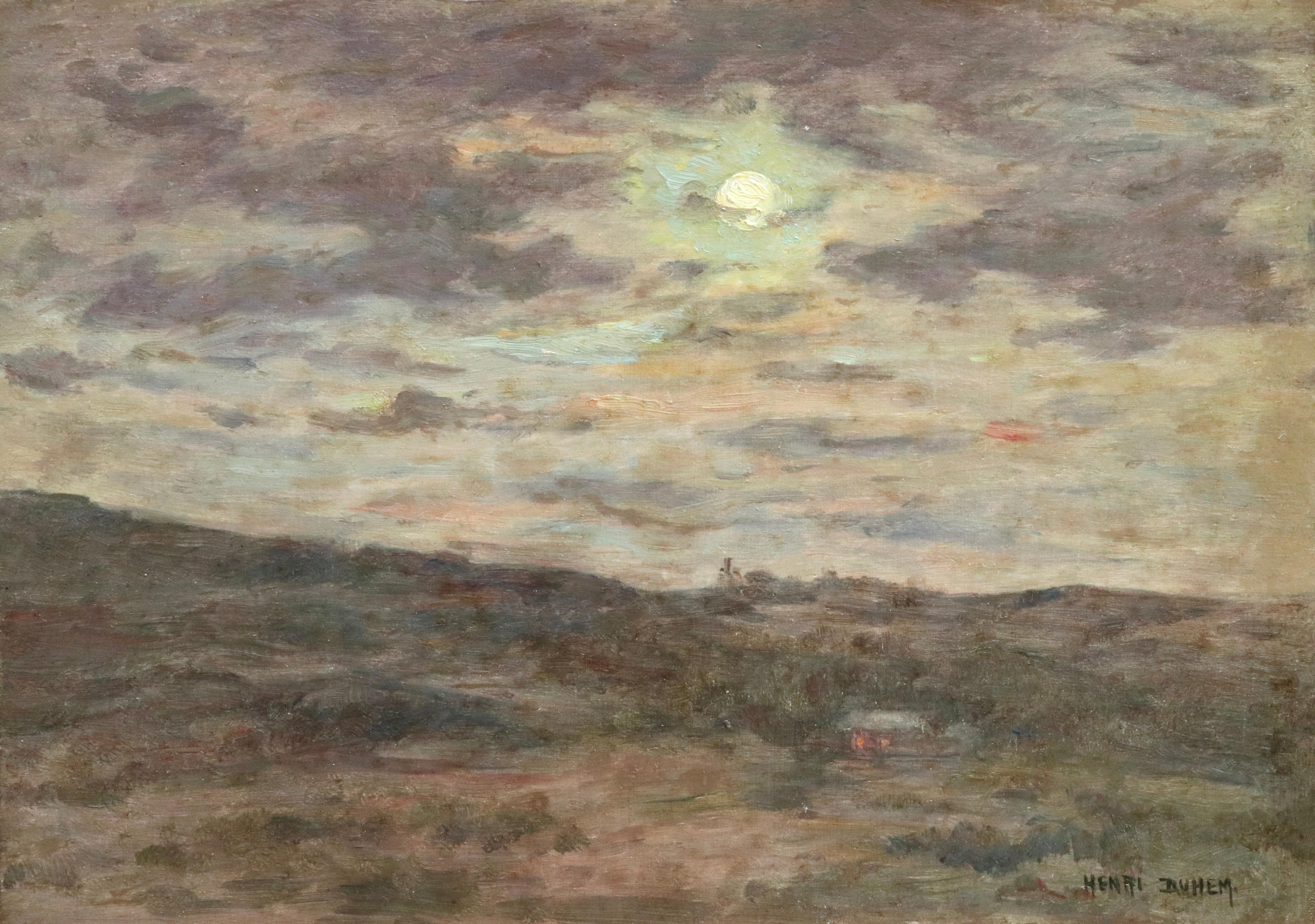 Oil on panel by French painter Henri Duhem depicting moonlight through clouds over a rural landscape. Signed lower right and dated 1903 verso. This painting is not currently framed but a suitable frame can be sourced if required.

Descendant of an