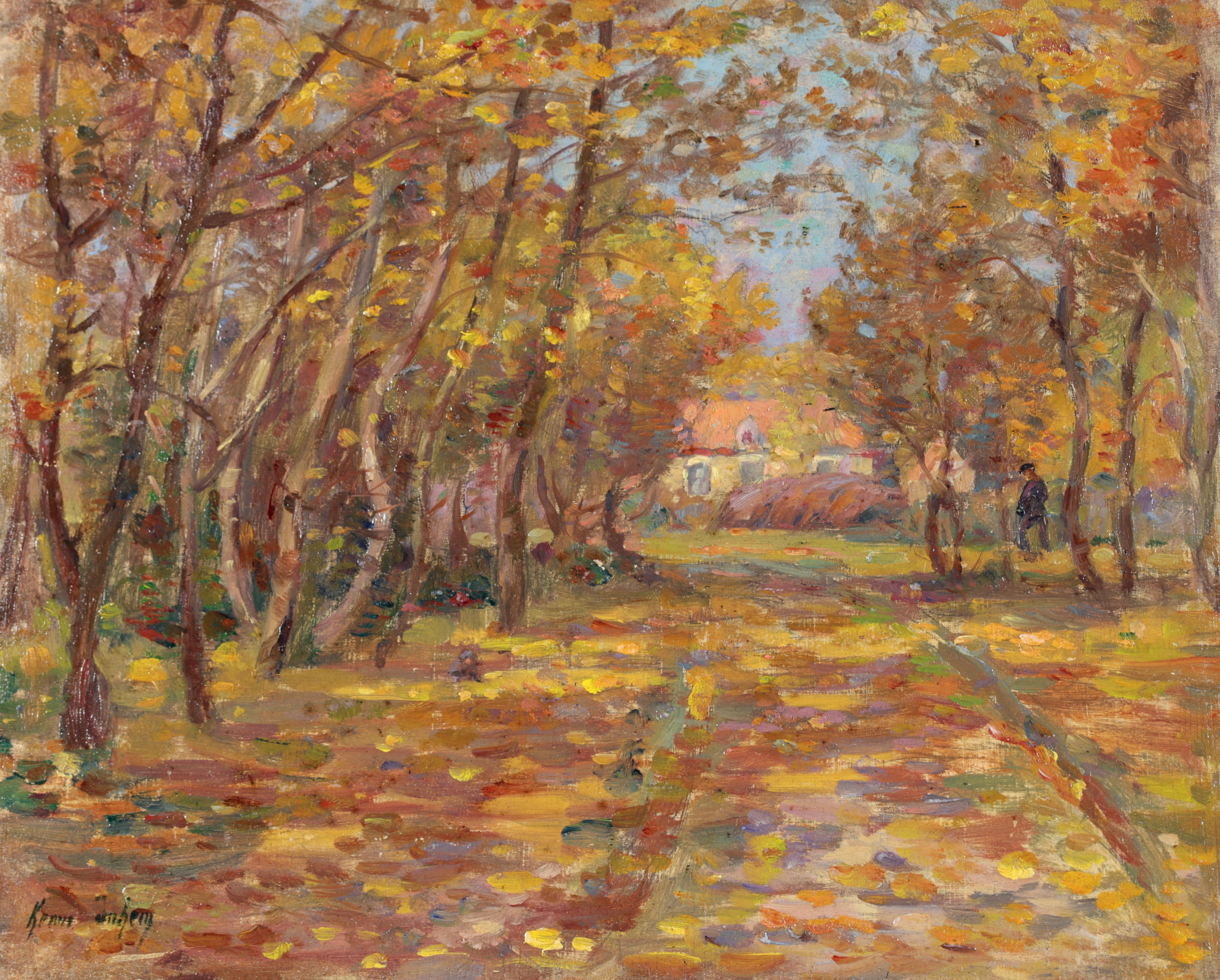 Beautiful signed and dated impressionist oil on panel landscape by French painter Henri Duhem. The piece depicts a view of a tree lined path leading towards a cottage. It is autumn and the yellow, brown and orange leaves of the trees falling