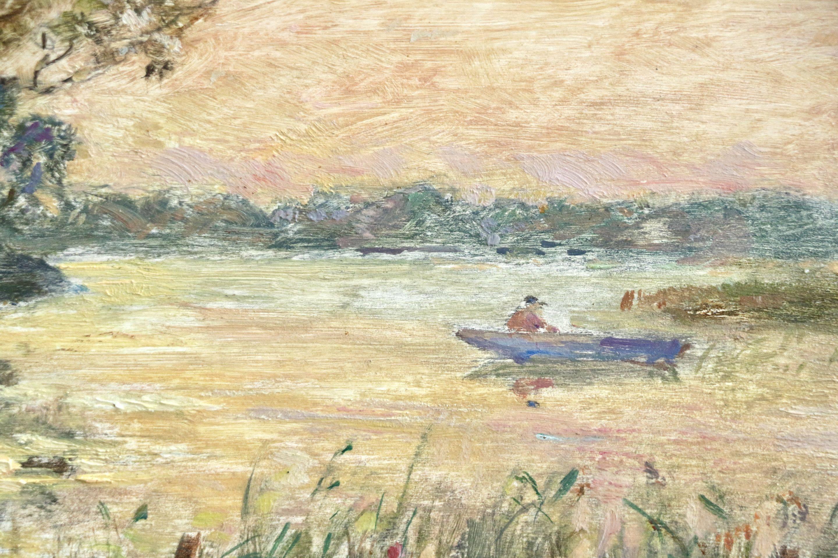On the River, huile impressionniste française, paysage de bateau sur la rivière - Henri Duhem en vente 1