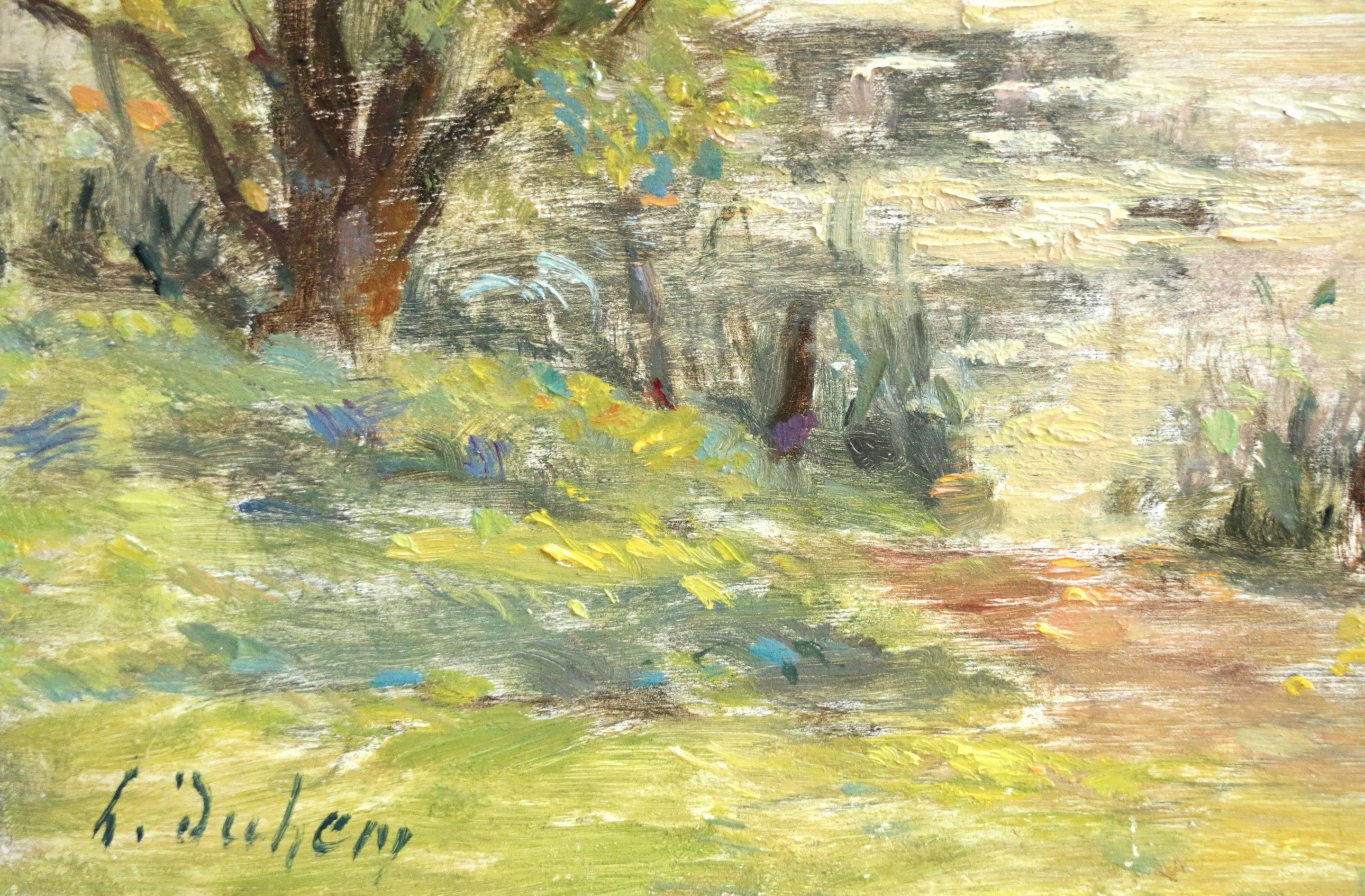 On the River - French Impressionist Oil, Boat on River Landscape - Henri Duhem For Sale 1