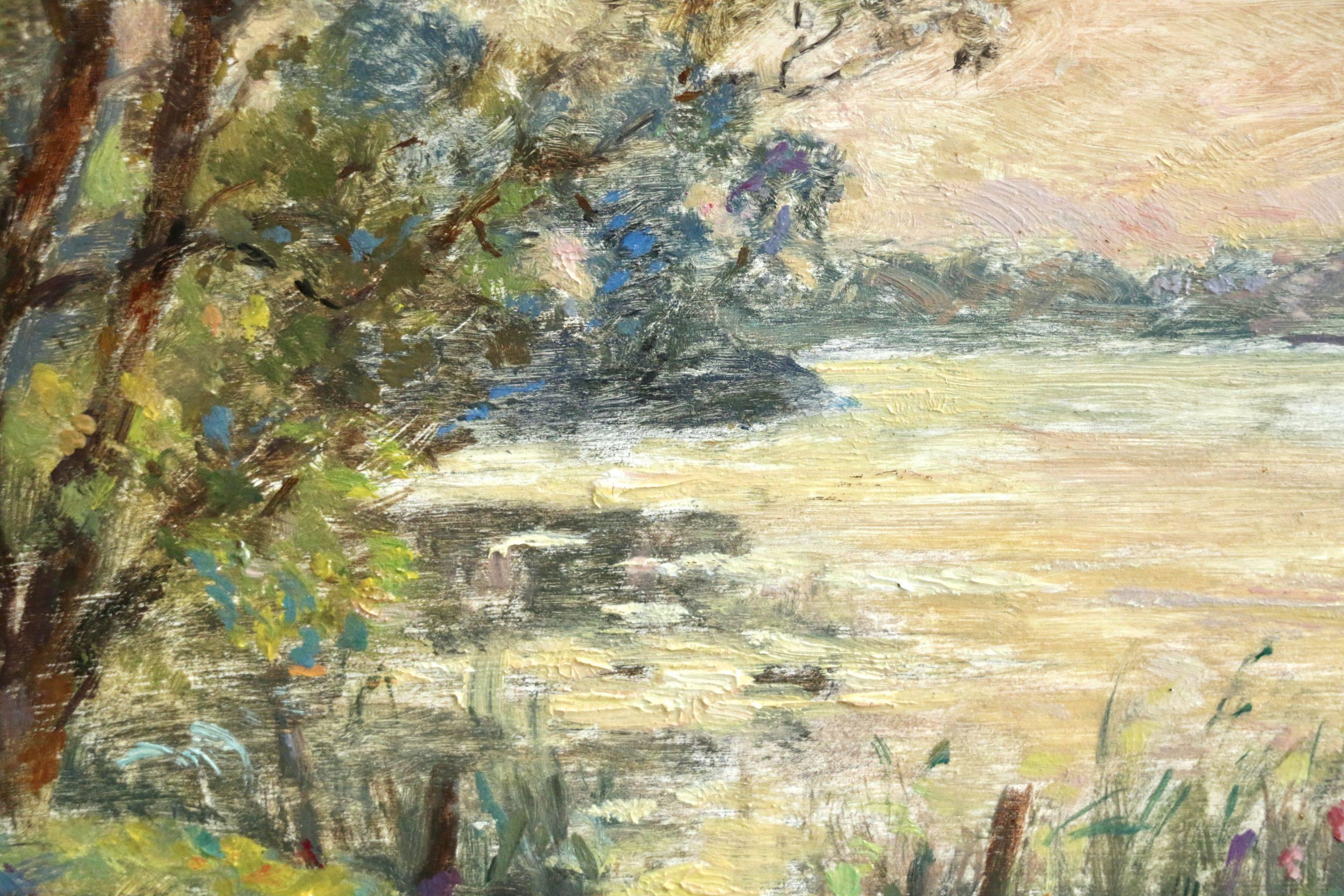 On the River, huile impressionniste française, paysage de bateau sur la rivière - Henri Duhem en vente 3