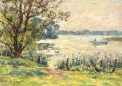 On the River - French Impressionist Oil, Boat on River Landscape - Henri Duhem