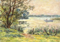 On the River, huile impressionniste française, paysage de bateau sur la rivière - Henri Duhem