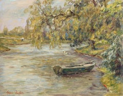 Punt on a River, 19th Century French Oil, Riverscape Landscape by Henri Duhem