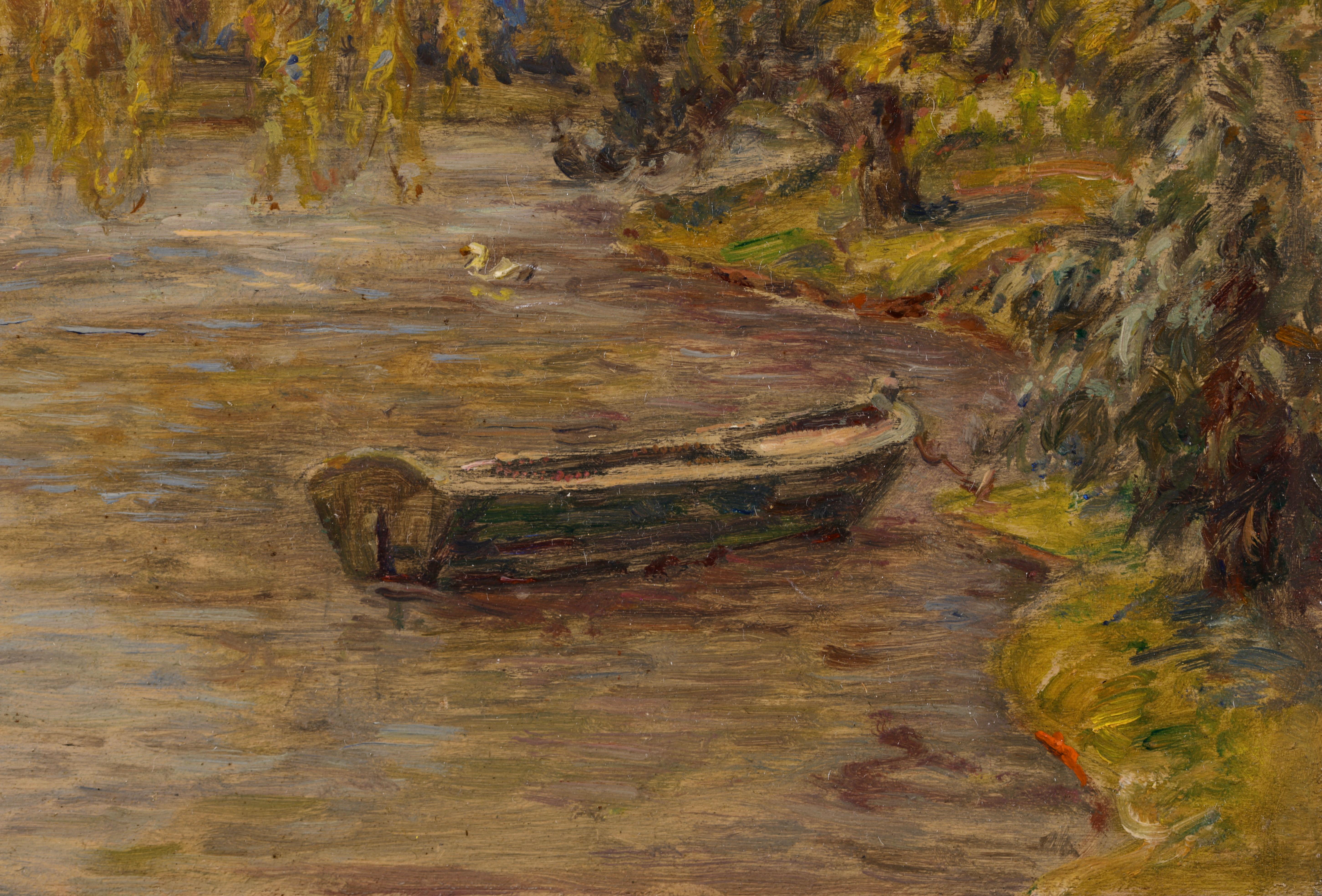 Beautiful impressionist signed and dated riverscape oil on panel by French painter Henri Duhem. The work depicts a view of a river. There is a punt tethered to the riverbank under the shade of a tree branch in the foreground with a duck swimming in