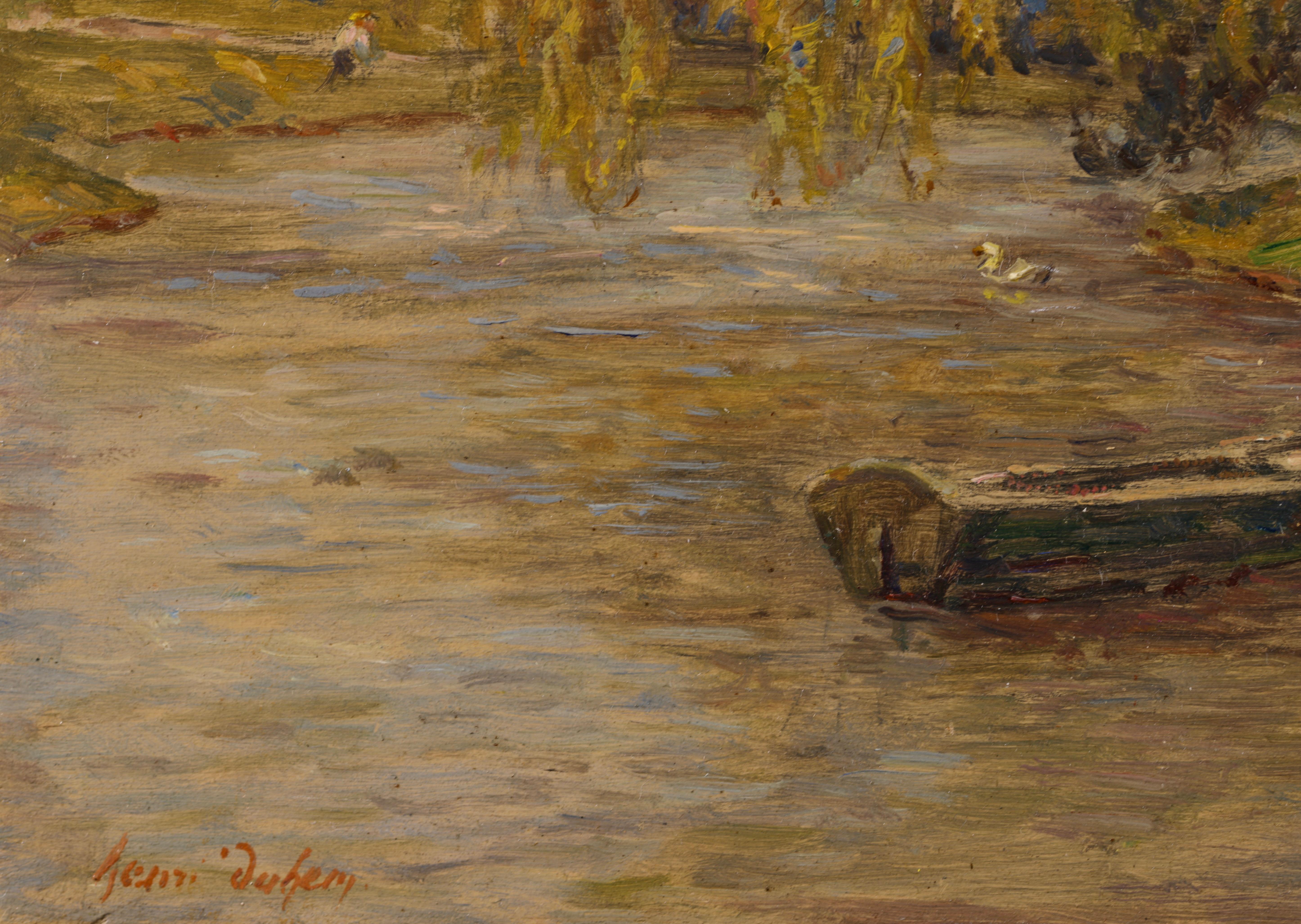 Punt on a River - Impressionist Oil, Figures by River Landscape by Henri Duhem For Sale 1