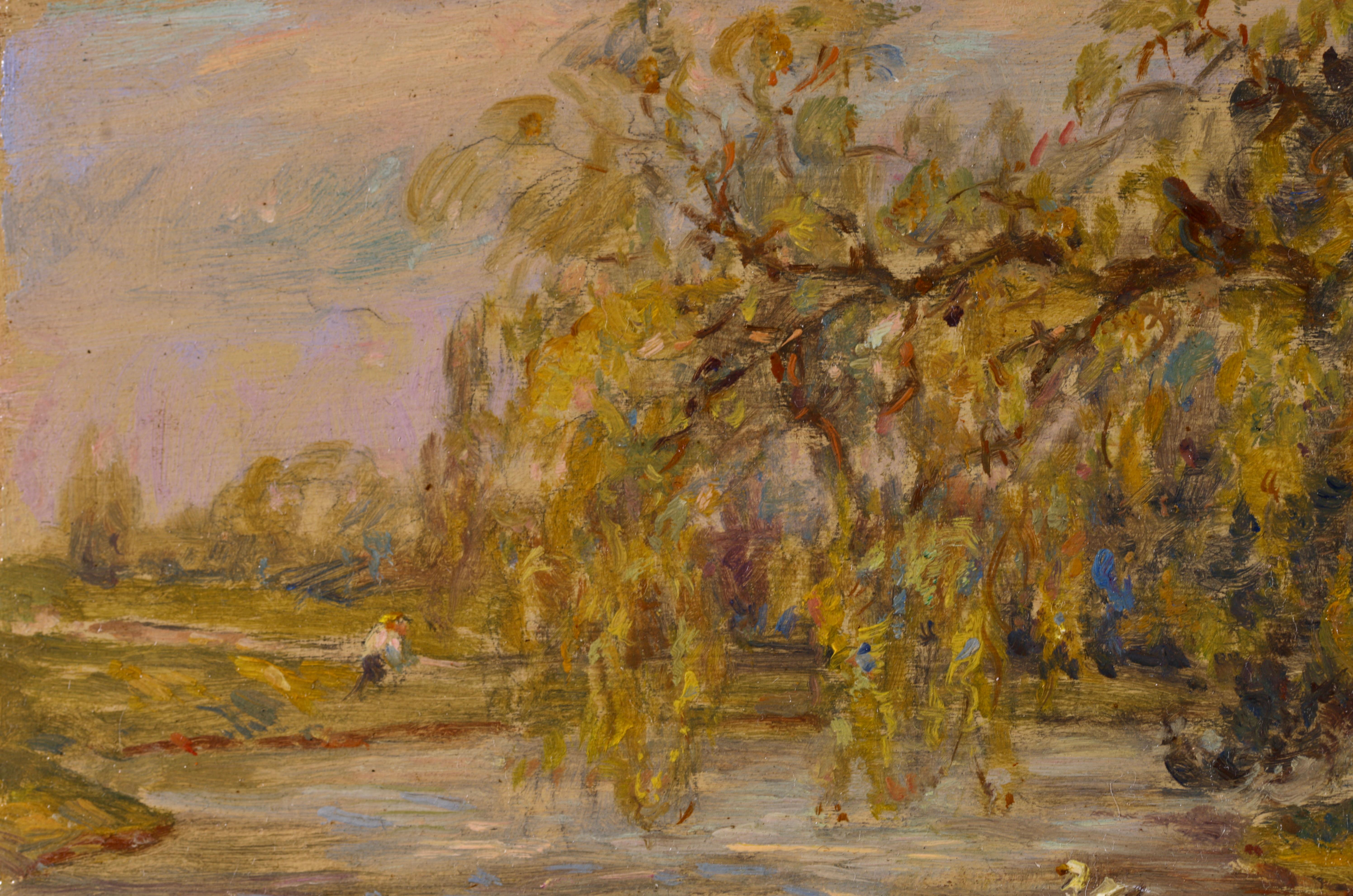 Punt on a River - Impressionist Oil, Figures by River Landscape by Henri Duhem For Sale 2