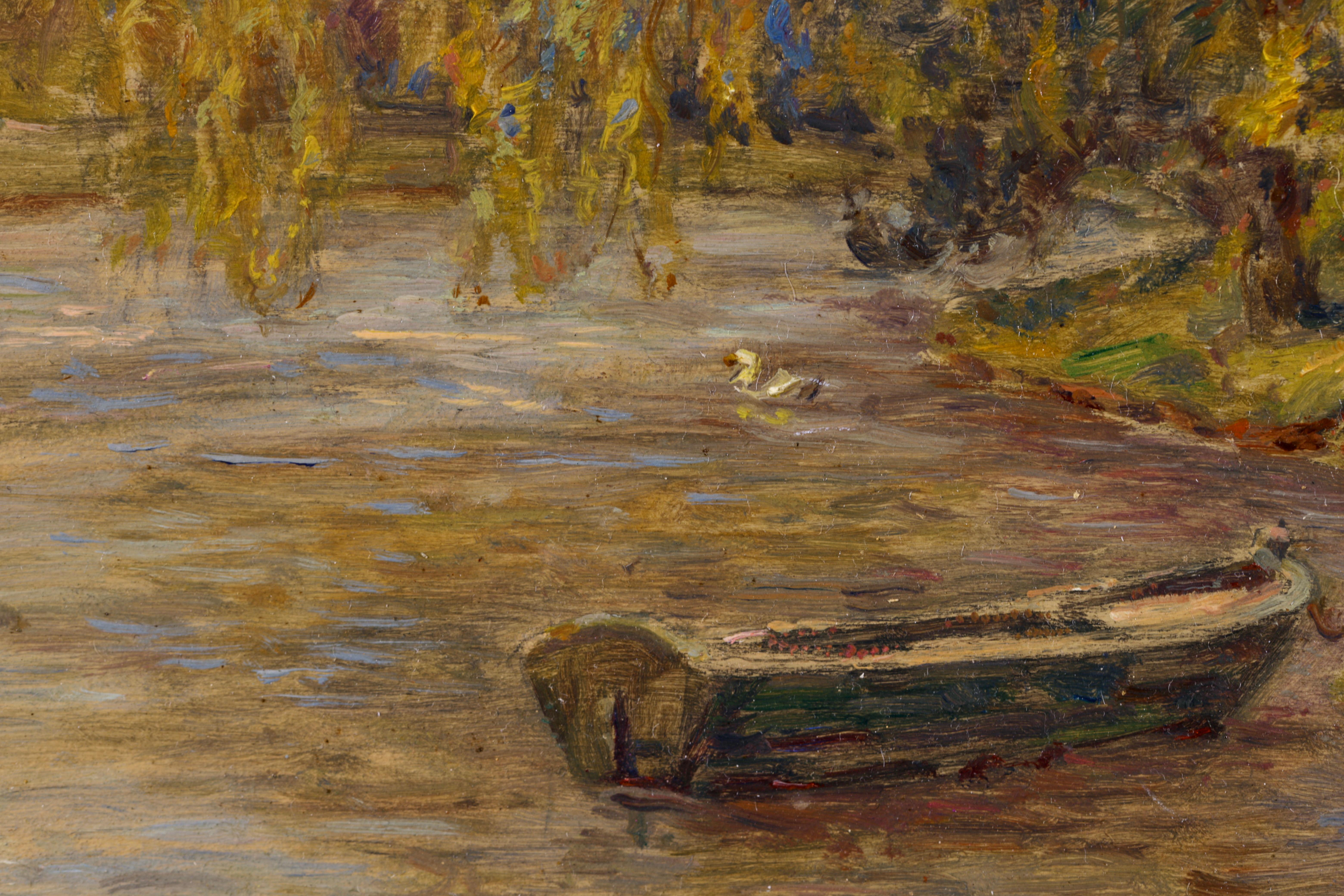 Punt on a River - Impressionist Oil, Figures by River Landscape by Henri Duhem For Sale 4