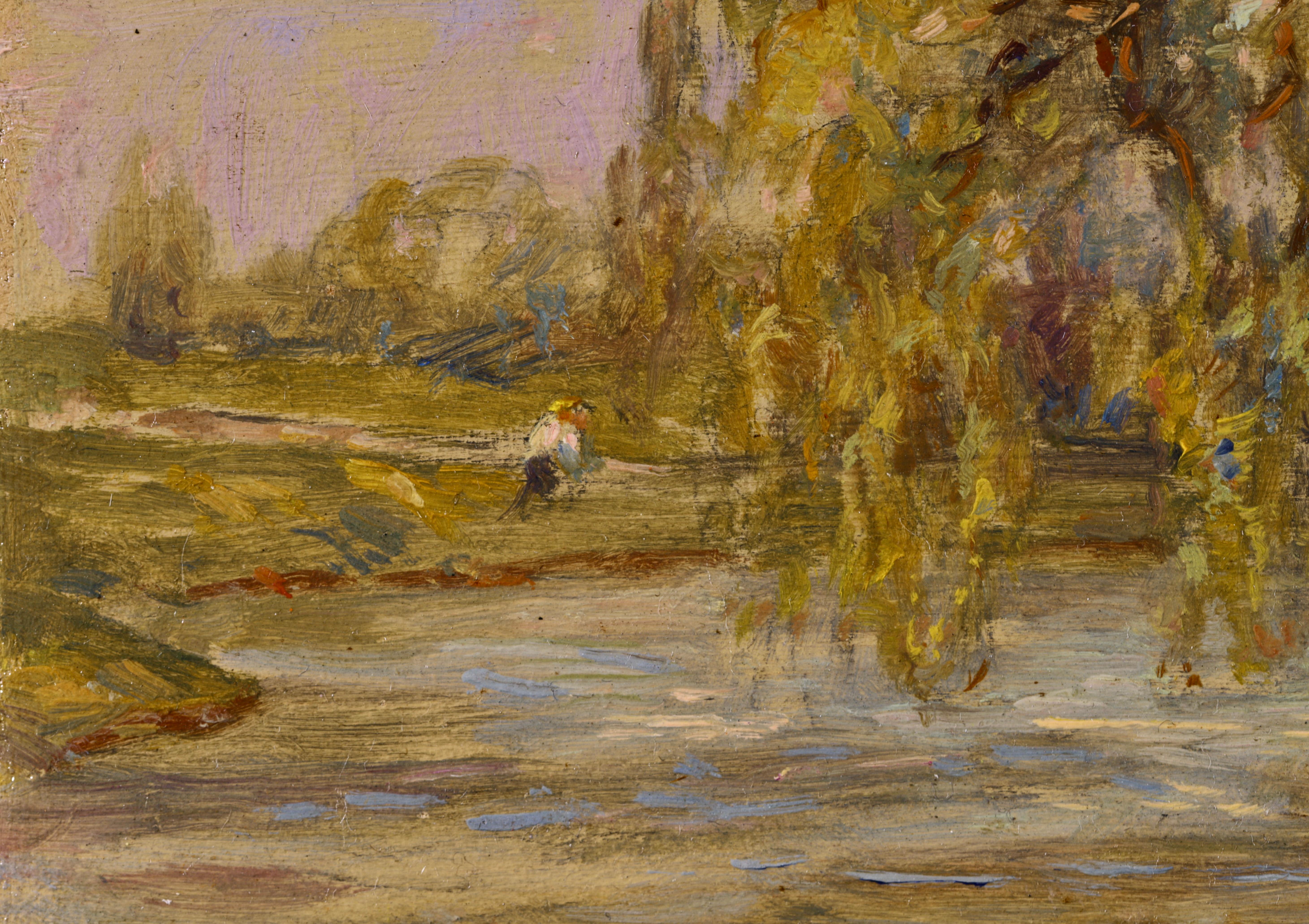 Punt on a River - Impressionist Oil, Figures by River Landscape by Henri Duhem For Sale 5
