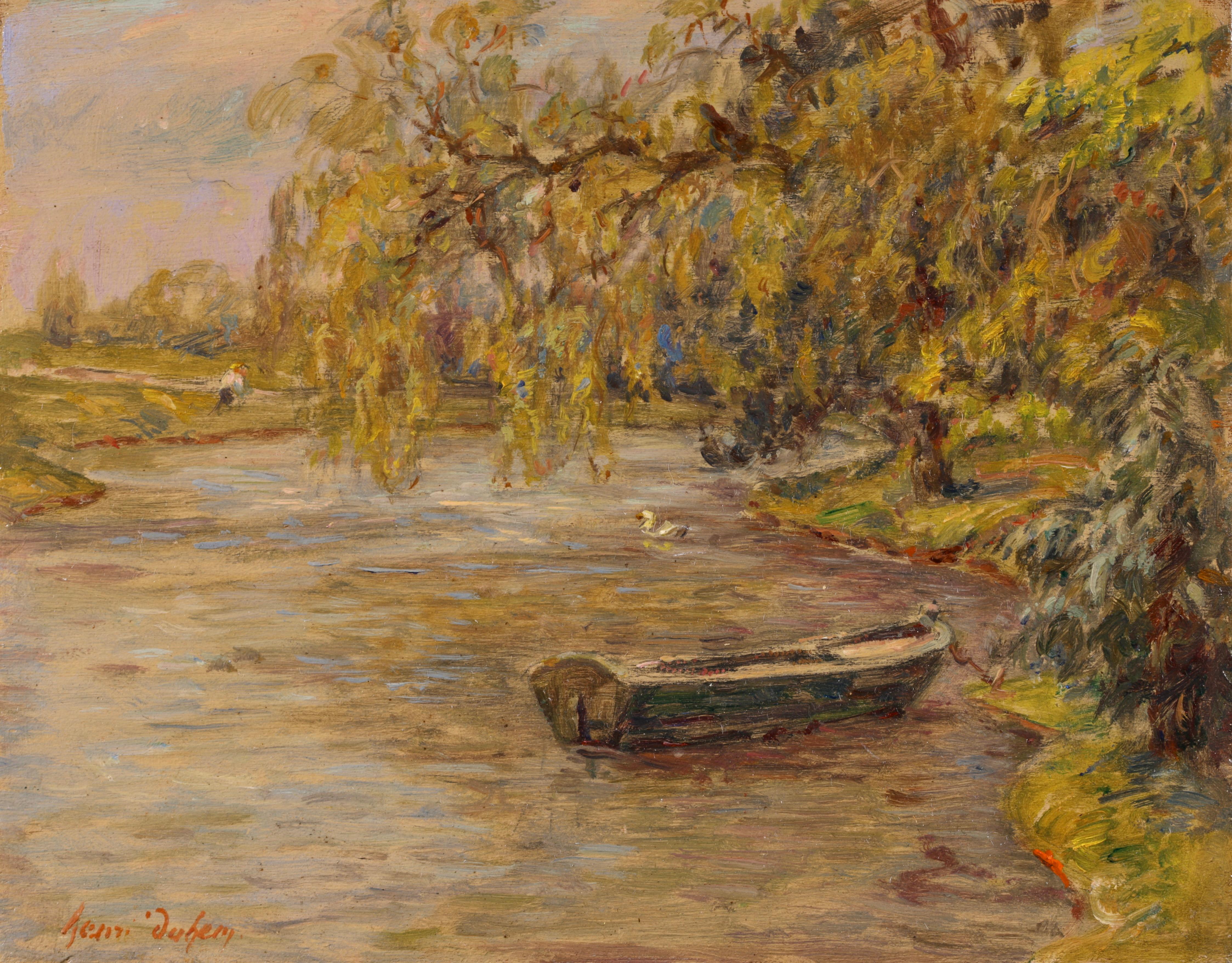 Punt on a River - Impressionist Oil, Figures by River Landscape by Henri Duhem
