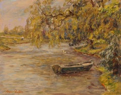 Punt on a River - Impressionist Oil, Figures by River Landscape by Henri Duhem