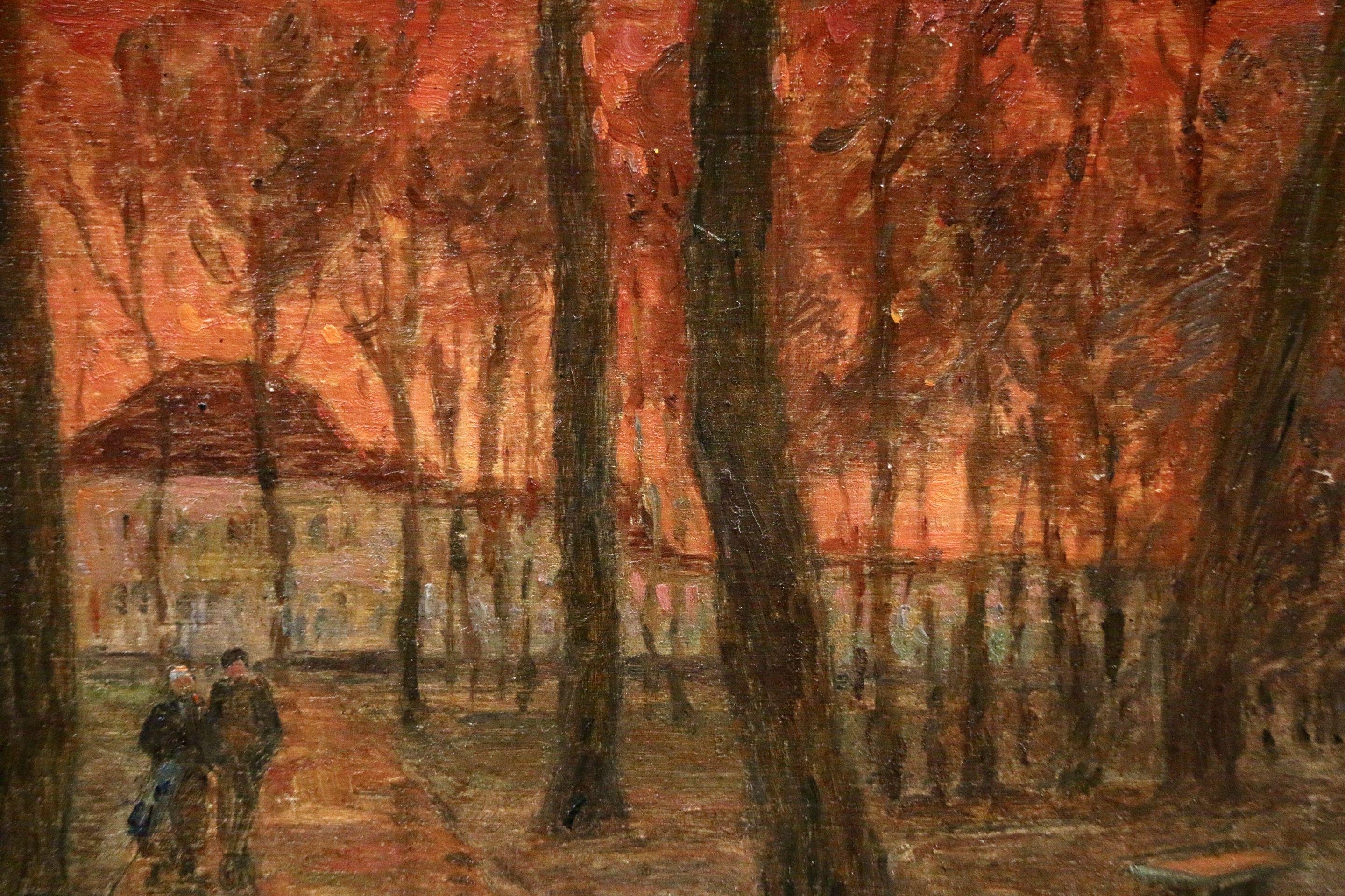 Red Sky - Douai - 19th Century Oil, Figures in Landscape at Sunset by H Duhem - Painting by Henri Duhem