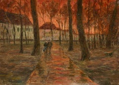 Red Sky - Douai - 19th Century Oil, Figures in Landscape at Sunset by H Duhem