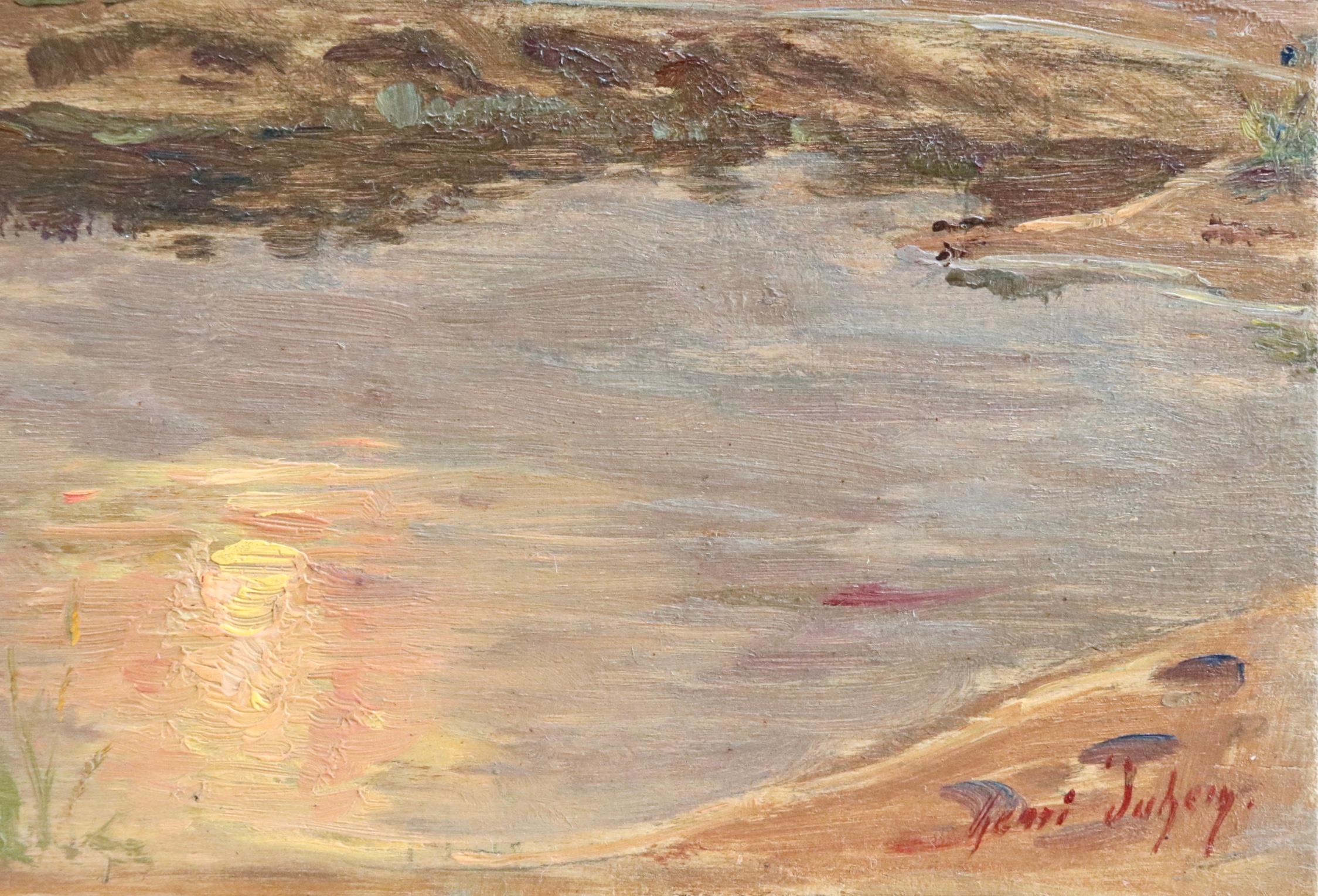Reflection - Soirée - Huile du XIXe siècle, Paysage au coucher du soleil par Henri Duhem en vente 1