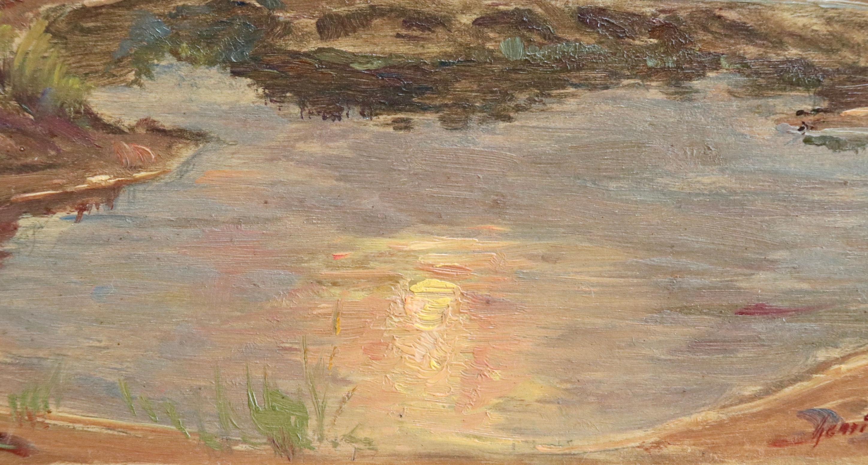 Reflection - Soirée - Huile du XIXe siècle, Paysage au coucher du soleil par Henri Duhem en vente 2
