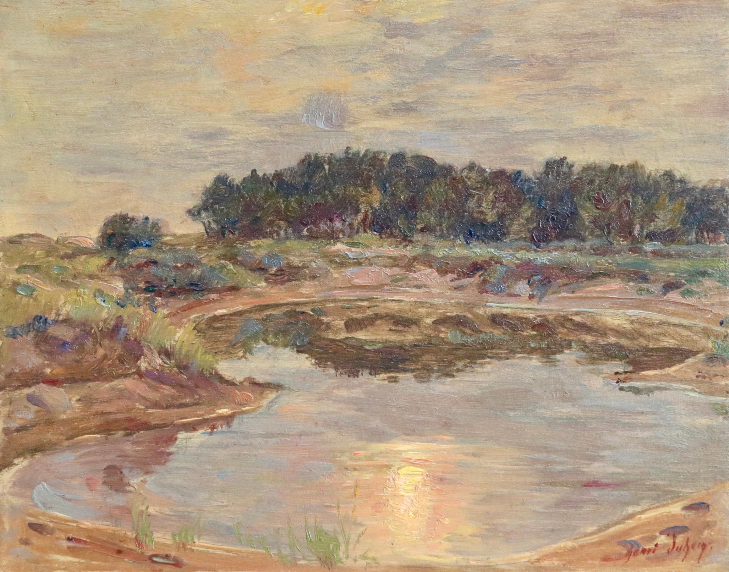Reflection - Evening - 19th Century Oil, Landscape at Sunset by Henri Duhem