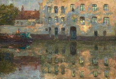Reflections-Canal Flamand, 19th Century Boat on Canal Landscape