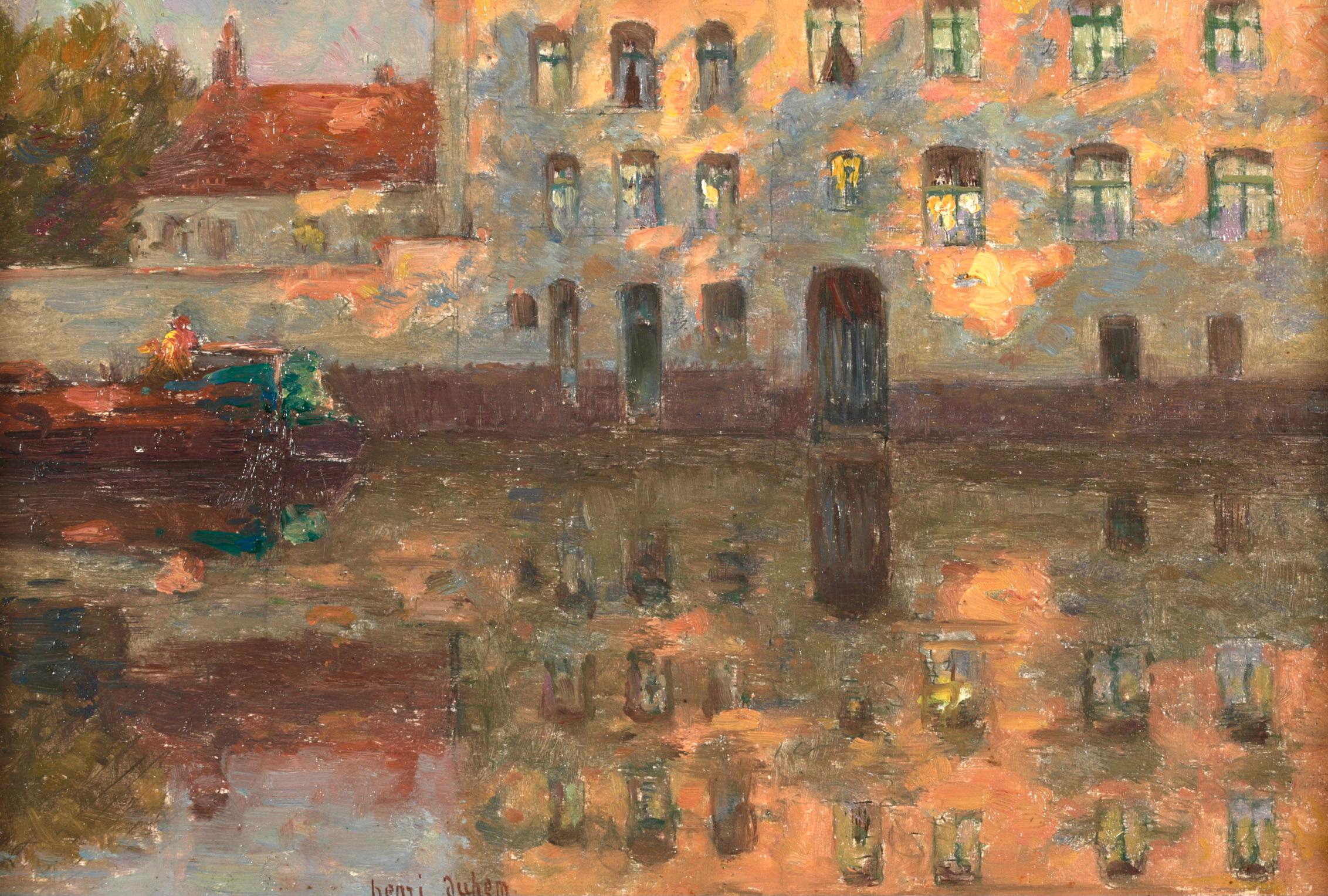 Riflessioni - Douai - Paesaggio impressionista dipinto a olio da Henri Duhem 1